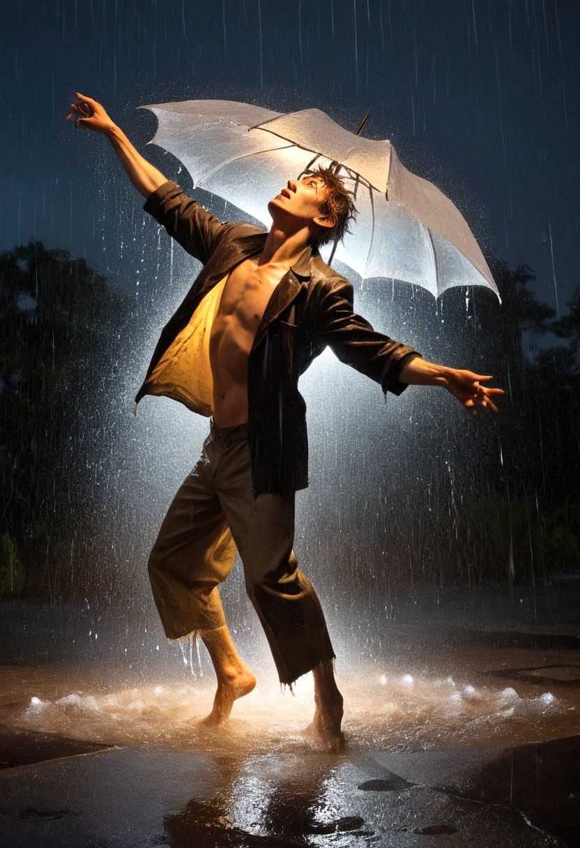 A madman dancing in the rain,explosive force,Ragged clothes,Barefoot,Illuminate the edges,Luminescence,Artistic Creativity:1.37