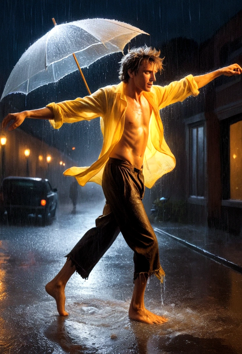 A madman dancing in the rain，explosive force，Ragged clothes，Barefoot，Illuminate the edges，Luminescence，Artistic Creativity：1.37