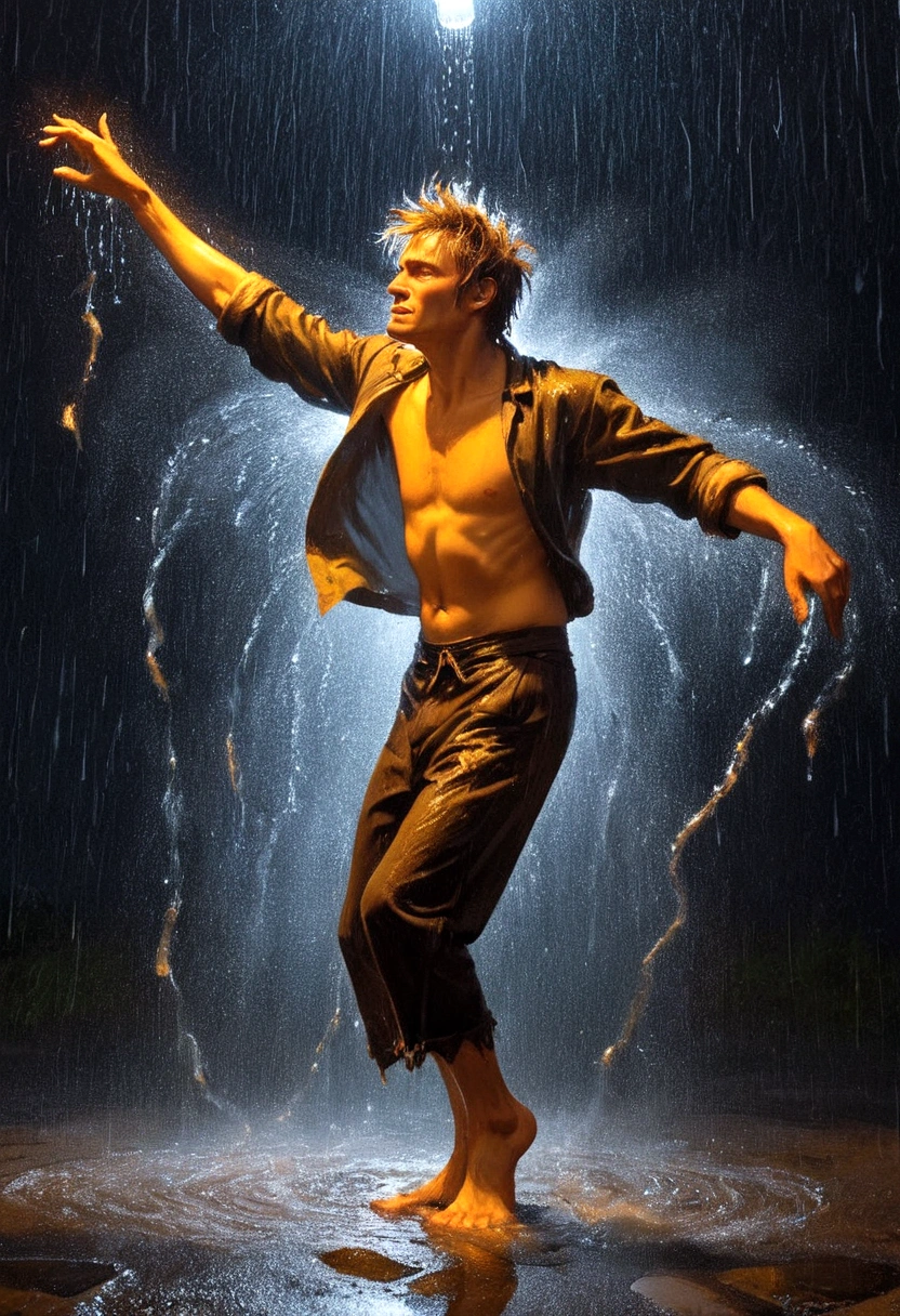 A madman dancing in the rain，explosive force，Ragged clothes，Barefoot，Illuminate the edges，Luminescence，Artistic Creativity：1.37