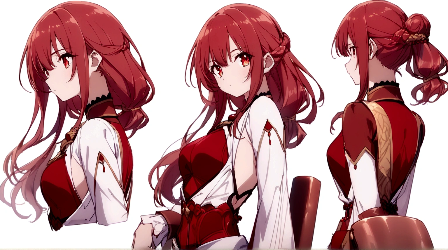 ((masterpiece)),(((best quality))),(character design sheet, same character, front, side, back), illustration, 1 girl, hair color red, bangs, long hair, eyes red and gold, environment change scene, Hairstyle Fax, Pose Zitai, Female, Shirt Shangyi, Star, Charturnbetalora, (simple background, white background: 1.3), 4k