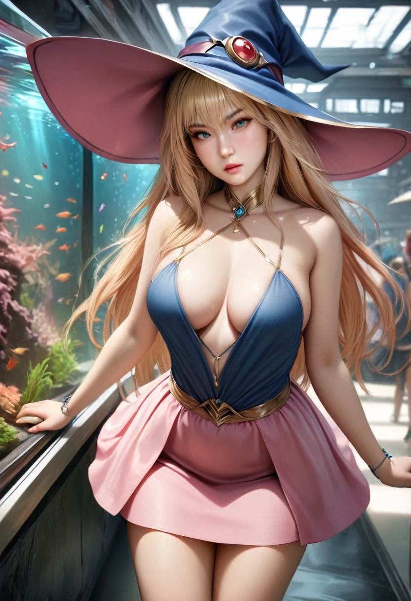 animetoreal,soft light, masterpiece, best quality,high quality,delicate face, realistic,photorealistic,1girl,,dark_magician_girl, yu-gi-oh!, 1girl, bare_shoulders, blonde_hair, green_eyes, large_breasts, long_hair, witch_hat, off_shoulder, blue_dress, capelet, blue_footwear, blue_hat, boots, pink_capelet, pink_skirt, skirt, ,in aquarium,floating_clothes