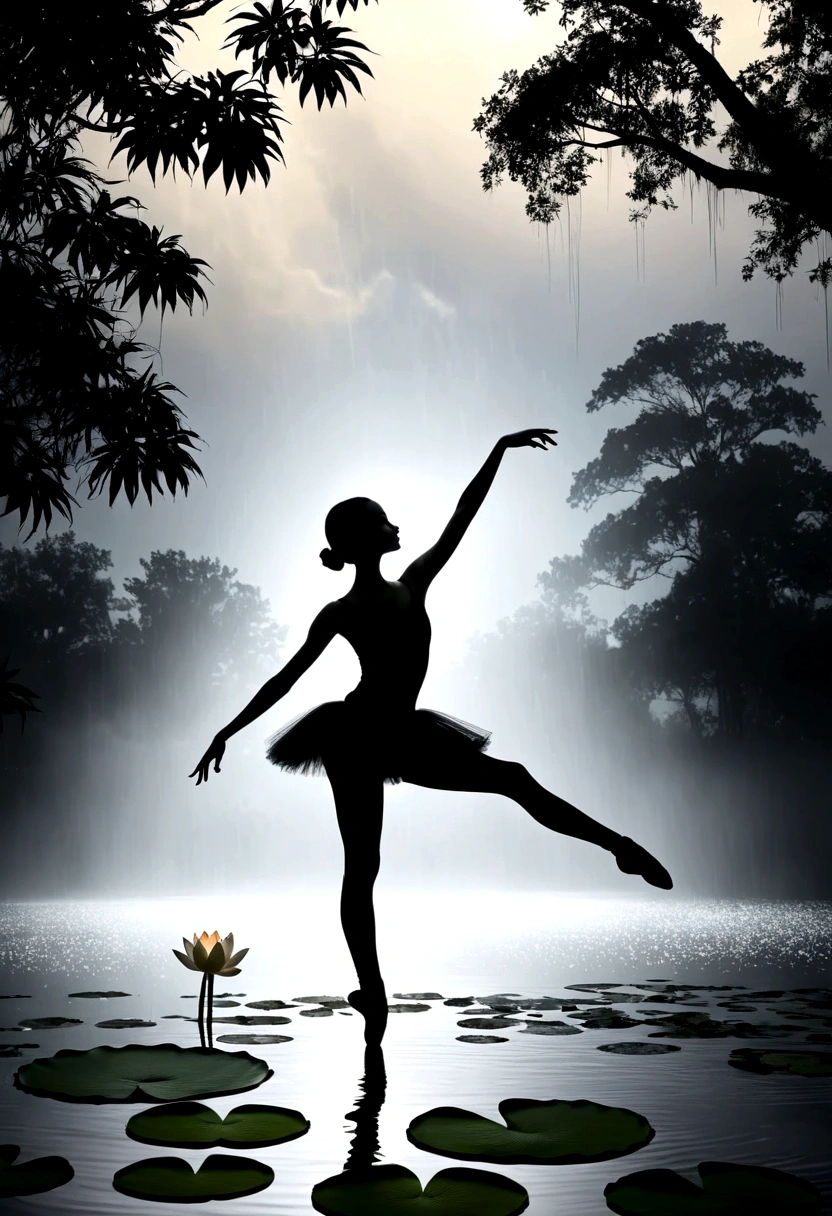 rainstorm,Rain splash,Huge waterspout,Girl shows black silhouette,Contrast with bright background,ballet silhouette,High contrast,Silhouette ballerina on the lake,lotus, lily pad,Shooting against the light,