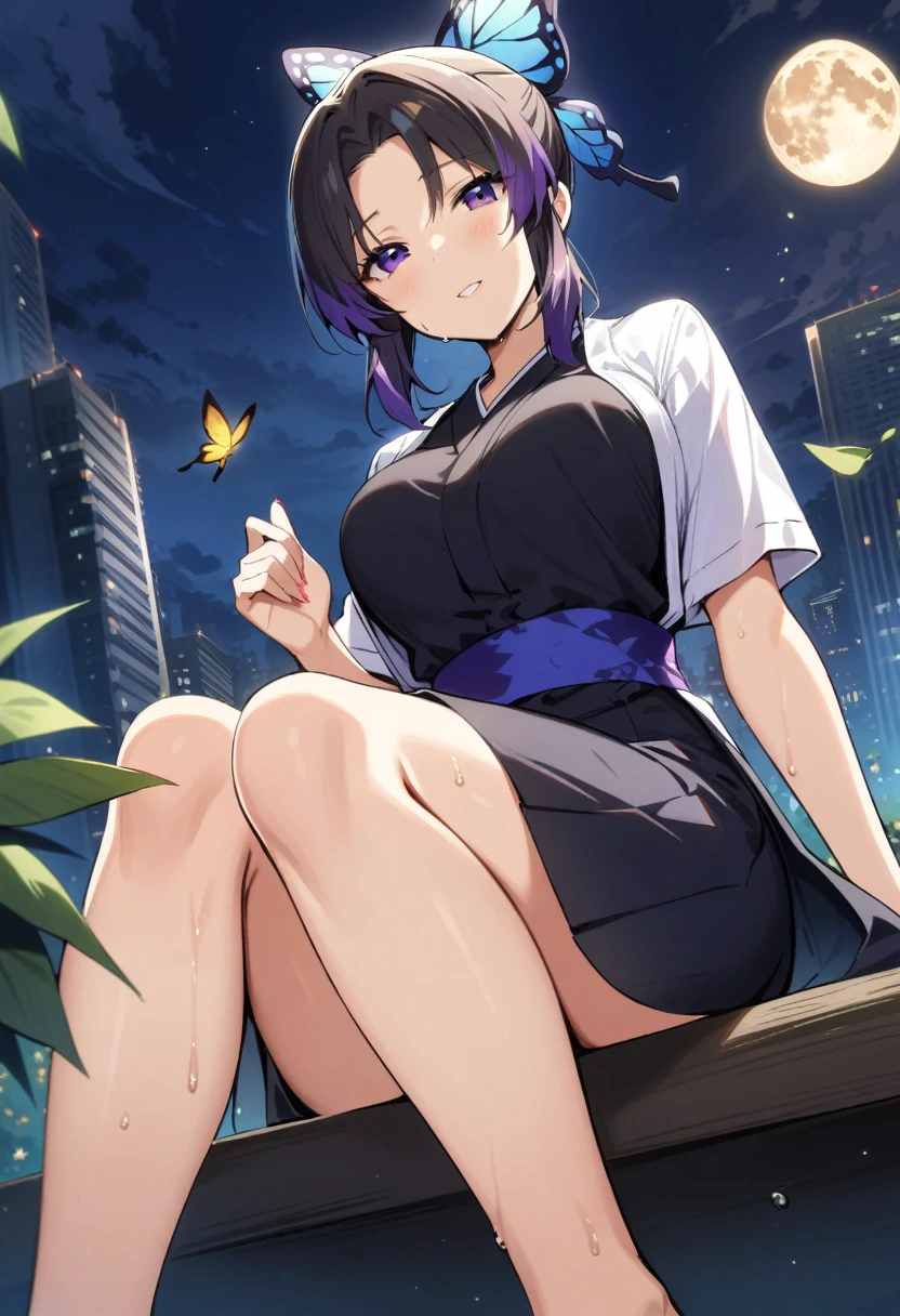 masterpiece, best quality, very aesthetic, absurdres,1girl, ,Kochou Shinobu, Decorate hair with a butterfly, violet eyes, multi-colored hair, Short hair, Parted bangs, Japanese dress,pov, bare foot, toes, sitting, (from below:1.25),sweat,,cityscape, leaf, moon, night, night_sky, outdoors, sky, skyscraper,,floating_clothes