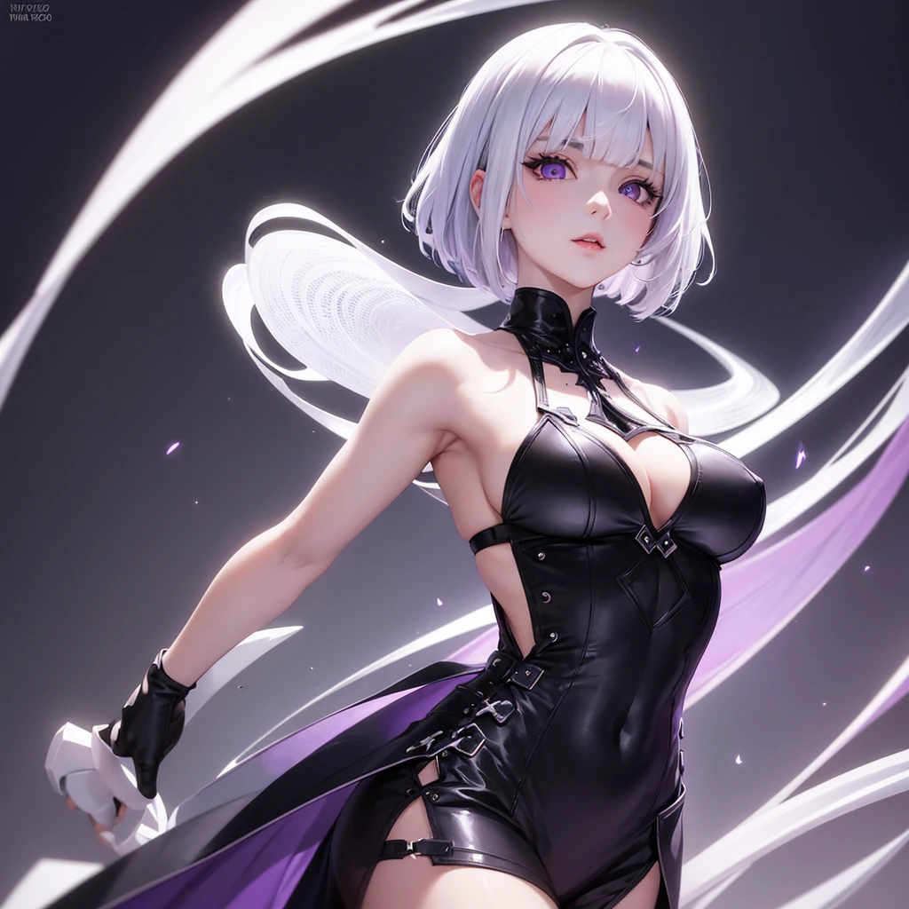 girl with white hair,with bangs, black gloves, purple clothes, purple dress, 4K, masterpiece, perfect body, stem,perfect eyes, perfect shading, perfect lighting, best quality, work of art, ultra detailed, detailed clothing