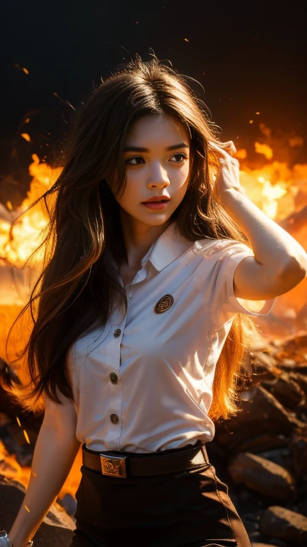 (fire element:1.1), medium long shot, It consists of fire element,fire,transparency,burning,(molten rock),Frame print,burning hair,smoke,cloud,chopped, girl engulfed in flames, Flames fly and sparks scatter,mano burning,translucent luminescence, 18s woman in thai university uniform, long straight fire hair, white shirt, black tight mini skirt, brown belt, white sneakers, masterpiece:1.2, high detail, realistic, cinematic scene, fire goddess, perfect figure, 16k, close up, portrait photo, dynamic powerful pose