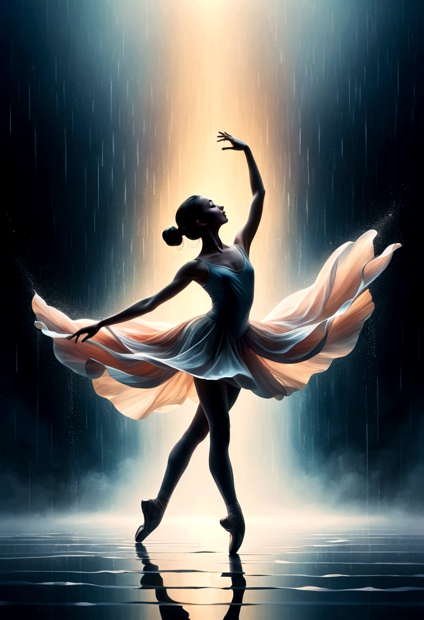 The silhouette of a ballet dancer gradually formed by the rain, 红色background, Digital Art Style, Simple lines,Silhouette of a ballet dancer dancing beautifully from above, 暴雨 dancing with the light Simple lines, Silhouette Art, background, illustration, 暴雨background, cartoon, 纯色background, texture, lotus, Warm atmosphere, Mysterious feeling, Dancing in the heavy rain, A style that displays waterspouts and light,Double Exposure,reflection