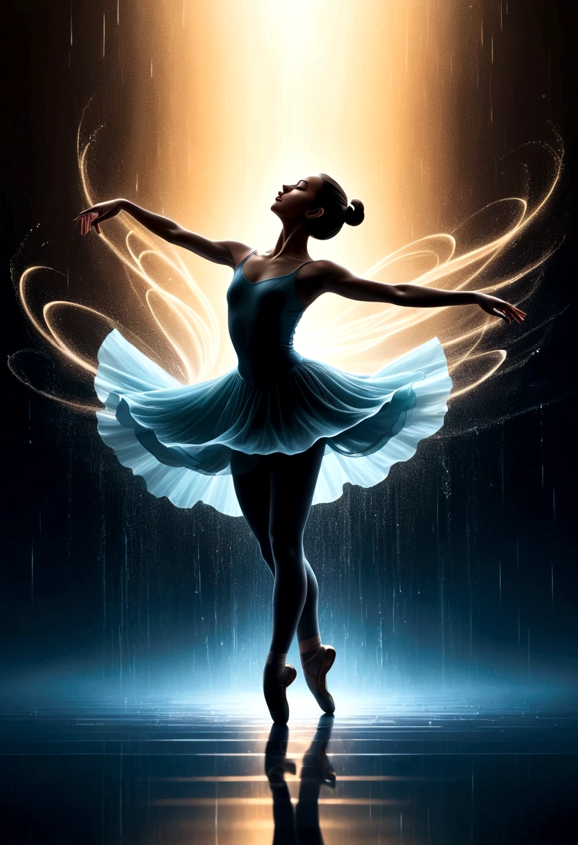 The silhouette of a ballet dancer gradually formed by the rain， 红色background, Digital Art Style, Simple lines，Silhouette of a ballet dancer dancing beautifully from above, 暴雨 dancing with the light Simple lines, Silhouette Art, background, illustration, 暴雨background, cartoon, 纯色background, texture, lotus, Warm atmosphere, Mysterious feeling, Dancing in the heavy rain, A style that displays waterspouts and light，Double Exposure，reflection