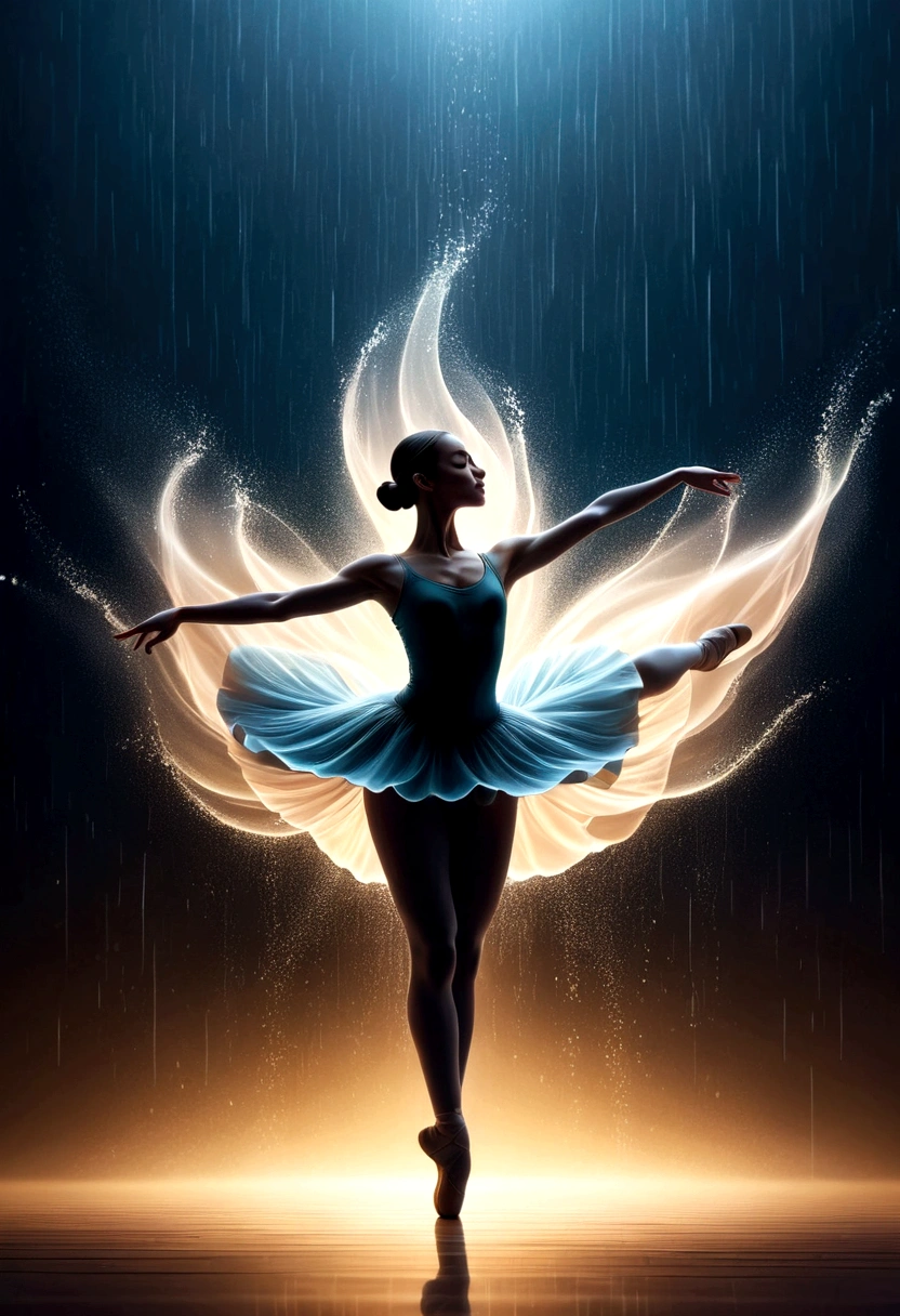 The silhouette of a ballet dancer gradually formed by the rain, 红色background, Digital Art Style, Simple lines,Silhouette of a ballet dancer dancing beautifully from above, 暴雨 dancing with the light Simple lines, Silhouette Art, background, illustration, 暴雨background, cartoon, 纯色background, texture, lotus, Warm atmosphere, Mysterious feeling, Dancing in the heavy rain, A style that displays waterspouts and light,Double Exposure,reflection