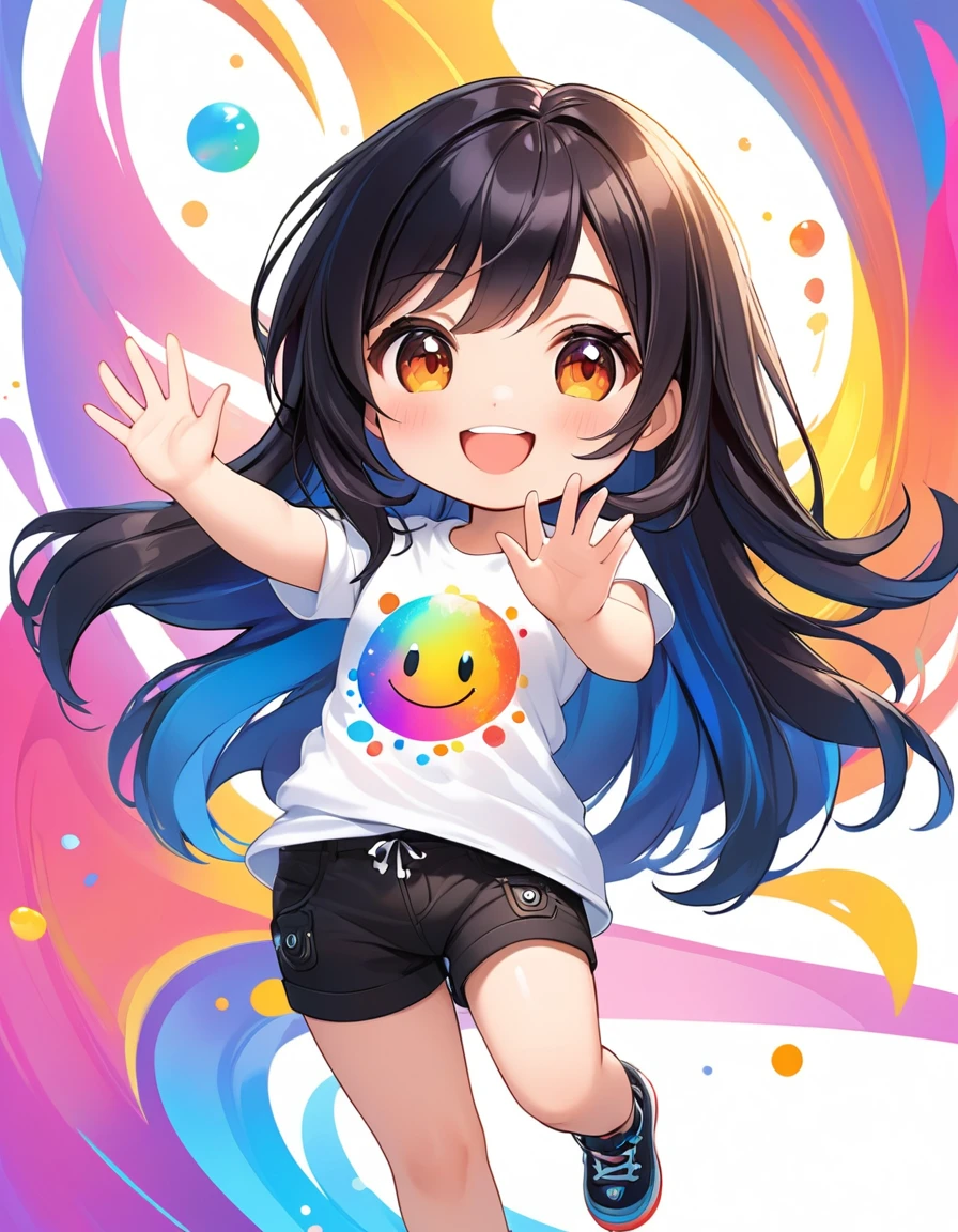 1girl, chibi, cartoon, long black hair, white t-shirt, black shorts, waving, smiling face, vibrant colors, dynamic pose, natural lighting, digital painting, illustration, white backgrounds, highly detailed.