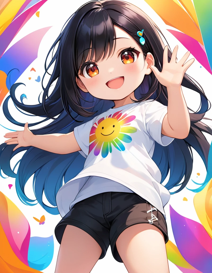 1girl, chibi, cartoon, long black hair, white t-shirt, black shorts, waving, smiling face, vibrant colors, dynamic pose, natural lighting, digital painting, illustration, white backgrounds, highly detailed.