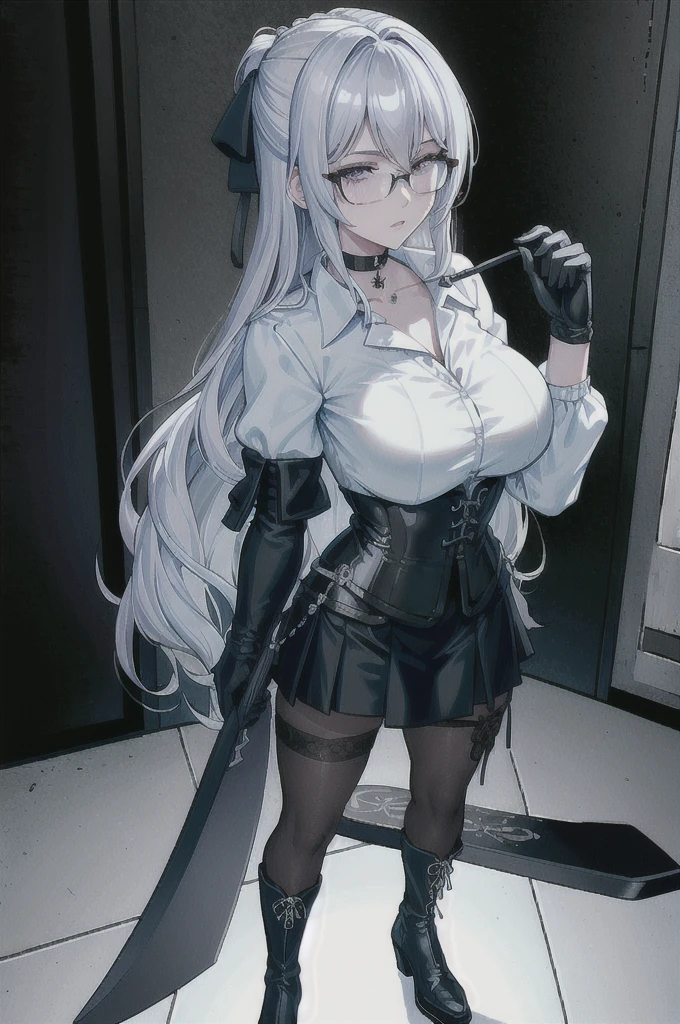 Masterpiece, Beautiful art, professional artist, 8k, art style by sciamano240, rostro de Bronya Zaychik, detailed body, Very detailed face, very detailed eyes, Detailed clothing, detailed fabric, Best Quality, better resolution,  1 girl, front view, standing, big breasts, serious expression,  at night , silver hair, glasses, choker:1.6, (long sleeve white collar buttoned shirt), (shiny black corset), black gloves covering your hands, holding an ax with his hand, (shiny black tight mini skirt), (Black leather boots), looking at the viewer, dark room, dark mansion, Atmosphere, at night