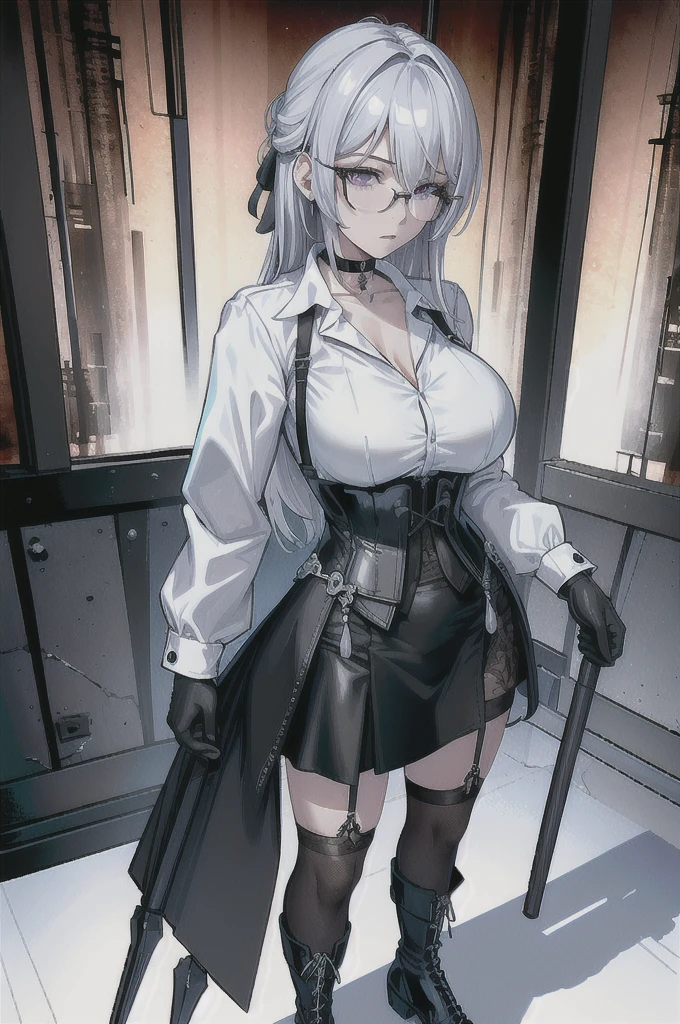 Masterpiece, Beautiful art, professional artist, 8k, art style by sciamano240, rostro de Bronya Zaychik, detailed body, Very detailed face, very detailed eyes, Detailed clothing, detailed fabric, Best Quality, better resolution, 1 girl, front view, standing, big breasts, serious expression, at night , silver hair, glasses, choker:1.6, (long sleeve white collar buttoned shirt), (shiny black corset), black gloves covering your hands, holding an ax with his hand, (shiny black tight mini skirt), (Black leather boots), looking at the viewer, dark room, dark mansion, Atmosphere, at night