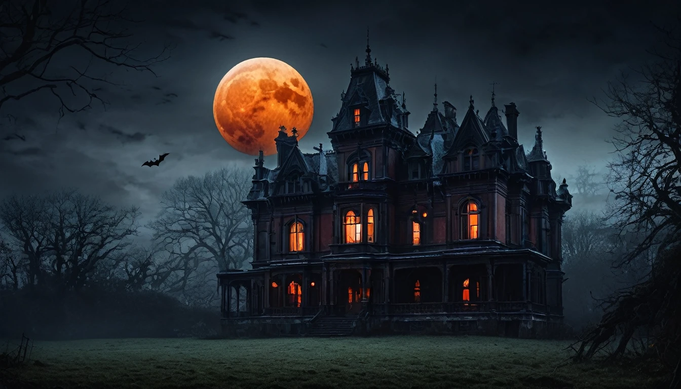 A dark, atmospheric scene featuring an old, gothic mansion in the middle of a desolate, misty landscape. The mansion is illuminated by an eerie orange glow emanating from its windows, creating a stark contrast against the dark surroundings. Above, a blood-red full moon casts a haunting light over the scene, with silhouettes of bats flying around. The overall atmosphere is one of suspense and mystery, evoking a classic haunted house vibe."
