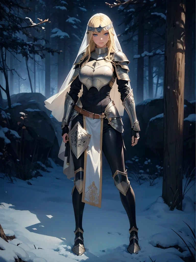 ((1girl, solo)), beautiful body, (perfect anatomy, perfect body, perfect hands, perfect legs), (five fingers:1.5), natural proportions, sexy body, large breasts, cowboy shot BREAK
((extremely detailed face)), (beautiful detailed eyes:1.6), (realistic pupils, realistic iris:1), expressive eyes, looking at viewer, (clear eyes:1.3), (hyperrealistic:1.2), (detailed skin texture:1.2), smooth skin, (blonde hair:1.5), blue eyes, long hair, (detailed lips:1.2), (attractive lips:1.1), (glossy lips:1.1), (grin), perfect face, perfect eyes BREAK
female knight, (veil:1.5), long sleeves, (armor:1.5), (breastplate:1.5), (shoulder armor:1.2), (arm guard:1.3), armor gloves, (black pants:1.5), skin tight, (((pelvic curtain))), armored boots, belt BREAK
(outdoors:1.5), (day:1.3), (winter:1.3), trees, (shade of trees:1.2), (snow), mountain range, medieval BREAK
(masterpiece:1.5), anime-style, top quality, best quality, (beautiful and aesthetic:1.2), (ultra detail:1.5), Ultra-detailed depiction, Ultra-precise depiction, extremely detailed 8k illustration, high resolution, (highly detailed shading:1.2), (realistic lighting:1.4), perfect lighting, vibrant colors, dynamic tones, striking hues, 8k, absurd resolution, perfect shadows, hdr, UHD, ambient lighting, realistic, ultra-realistic, photo realistic, highly detailed, rich detail, luminous colors, fine texture, intricate design, professional illustration, (soft light:1.2), (illustration:0.7)