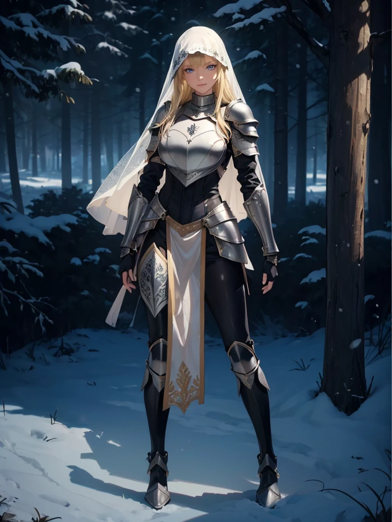 ((1girl, solo)), beautiful body, (perfect anatomy, perfect body, perfect hands, perfect legs), (five fingers:1.5), natural proportions, sexy body, large breasts, cowboy shot BREAK
((extremely detailed face)), (beautiful detailed eyes:1.6), (realistic pupils, realistic iris:1), expressive eyes, looking at viewer, (clear eyes:1.3), (hyperrealistic:1.2), (detailed skin texture:1.2), smooth skin, (blonde hair:1.5), blue eyes, long hair, (detailed lips:1.2), (attractive lips:1.1), (glossy lips:1.1), (grin), perfect face, perfect eyes BREAK
female knight, (veil:1.5), long sleeves, (armor:1.5), (breastplate:1.5), (shoulder armor:1.2), (arm guard:1.3), armor gloves, (black pants:1.5), skin tight, (((pelvic curtain))), armored boots, belt BREAK
(outdoors:1.5), (day:1.3), (winter:1.3), trees, (shade of trees:1.2), (snow), mountain range, medieval BREAK
(masterpiece:1.5), anime-style, top quality, best quality, (beautiful and aesthetic:1.2), (ultra detail:1.5), Ultra-detailed depiction, Ultra-precise depiction, extremely detailed 8k illustration, high resolution, (highly detailed shading:1.2), (realistic lighting:1.4), perfect lighting, vibrant colors, dynamic tones, striking hues, 8k, absurd resolution, perfect shadows, hdr, UHD, ambient lighting, realistic, ultra-realistic, photo realistic, highly detailed, rich detail, luminous colors, fine texture, intricate design, professional illustration, (soft light:1.2), (illustration:0.7)