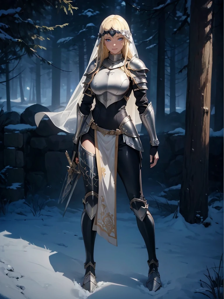 ((1girl, solo)), beautiful body, (perfect anatomy, perfect body, perfect hands, perfect legs), (five fingers:1.5), natural proportions, sexy body, large breasts, cowboy shot BREAK
((extremely detailed face)), (beautiful detailed eyes:1.6), (realistic pupils, realistic iris:1), expressive eyes, looking at viewer, (clear eyes:1.3), (hyperrealistic:1.2), (detailed skin texture:1.2), smooth skin, (blonde hair:1.5), blue eyes, long hair, (detailed lips:1.2), (attractive lips:1.1), (glossy lips:1.1), (grin), perfect face, perfect eyes BREAK
female knight, (veil:1.5), long sleeves, (armor:1.5), (breastplate:1.5), (shoulder armor:1.2), (arm guard:1.3), armor gloves, (black pants:1.5), skin tight, (((pelvic curtain))), armored boots, belt BREAK
(outdoors:1.5), (day:1.3), (winter:1.3), trees, (shade of trees:1.2), (snow), mountain range, medieval BREAK
(masterpiece:1.5), anime-style, top quality, best quality, (beautiful and aesthetic:1.2), (ultra detail:1.5), Ultra-detailed depiction, Ultra-precise depiction, extremely detailed 8k illustration, high resolution, (highly detailed shading:1.2), (realistic lighting:1.4), perfect lighting, vibrant colors, dynamic tones, striking hues, 8k, absurd resolution, perfect shadows, hdr, UHD, ambient lighting, realistic, ultra-realistic, photo realistic, highly detailed, rich detail, luminous colors, fine texture, intricate design, professional illustration, (soft light:1.2), (illustration:0.7)