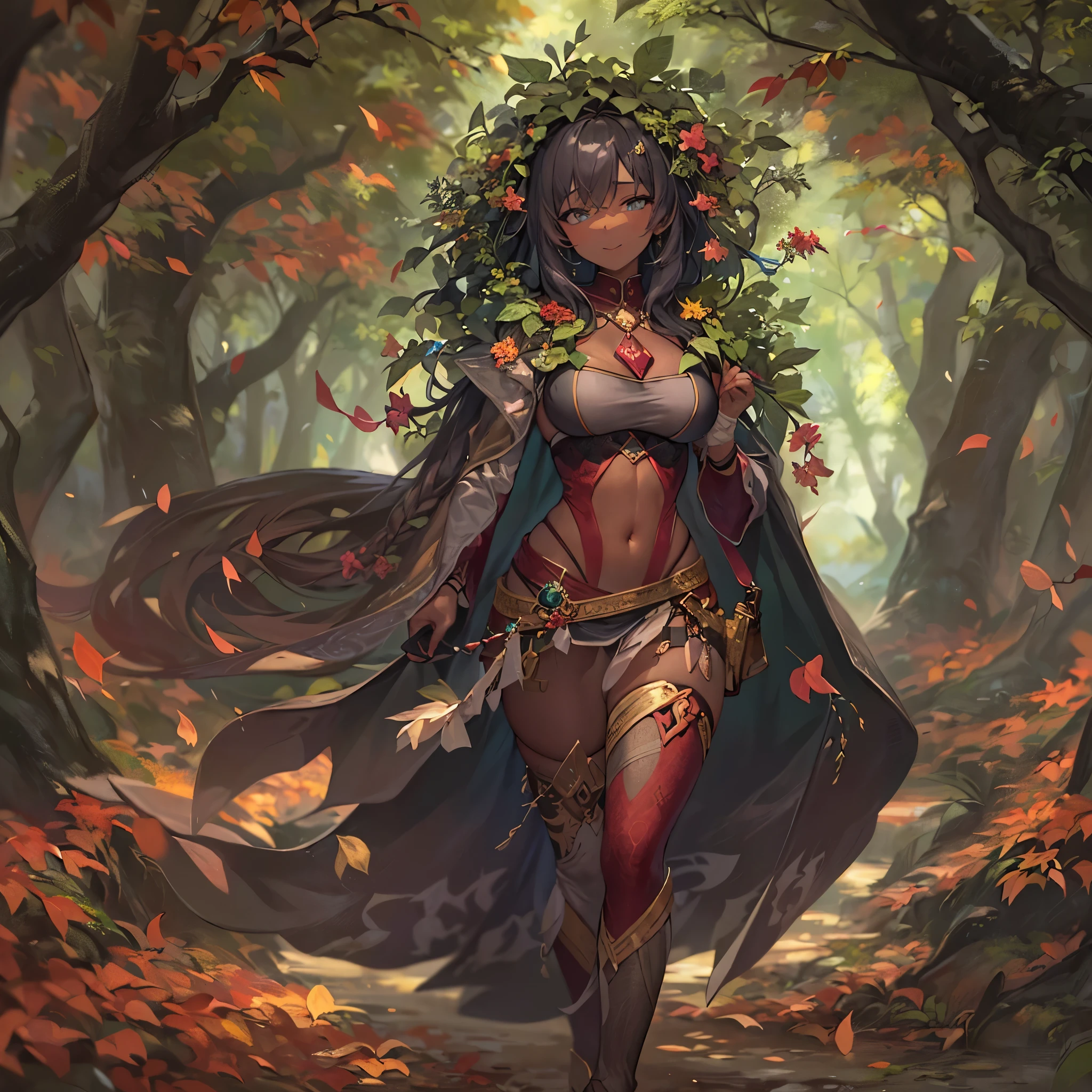 fantasy, 1forest_elemental_girl, (dark_skin)0.9, (using_leaves_clothes, green_leaves_covered_breasts, leaves_covered_pussy),large_breasts, walking, (smile, sleepy)+, medium_hair, navel, oil, (winding_vine_around_torso)++, forest_background, leaves_headgear, green_leaves_cape,armpits, spread_arms, large_staff, thighhighs, plump,