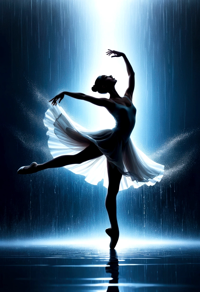 The silhouette of a ballet dancer gradually formed by the rain， Lake, Digital Art Style, Simple lines，Silhouette of a ballet dancer dancing beautifully from above, 暴雨 dancing with the light Simple lines, Silhouette Art, background, illustration, 暴雨background, cartoon, 纯色background, texture, lotus, Warm atmosphere, Mysterious feeling, Dancing in the heavy rain, A style that displays waterspouts and light，Double Exposure，reflection