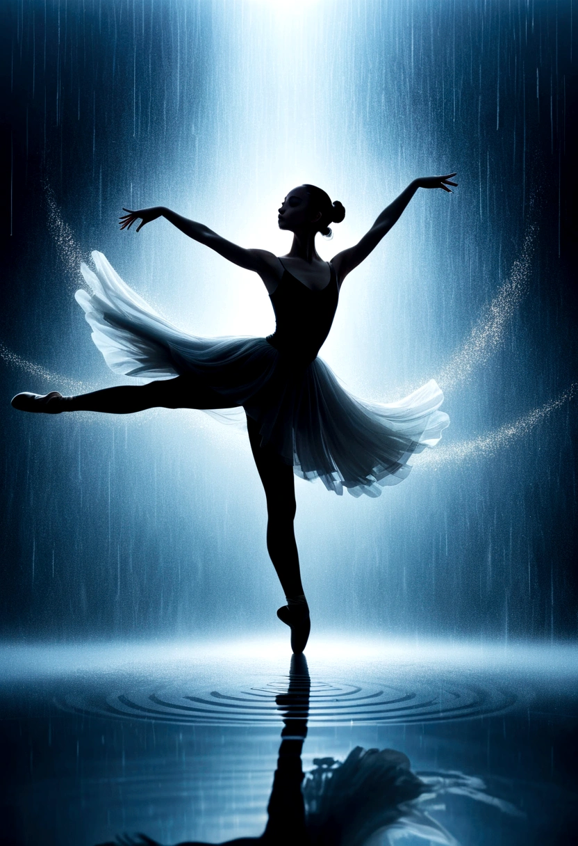 The silhouette of a ballet dancer gradually formed by the rain， Lake, Digital Art Style, Simple lines，Silhouette of a ballet dancer dancing beautifully from above, 暴雨 dancing with the light Simple lines, Silhouette Art, background, illustration, 暴雨background, cartoon, 纯色background, texture, lotus, Warm atmosphere, Mysterious feeling, Dancing in the heavy rain, A style that displays waterspouts and light，Double Exposure，reflection