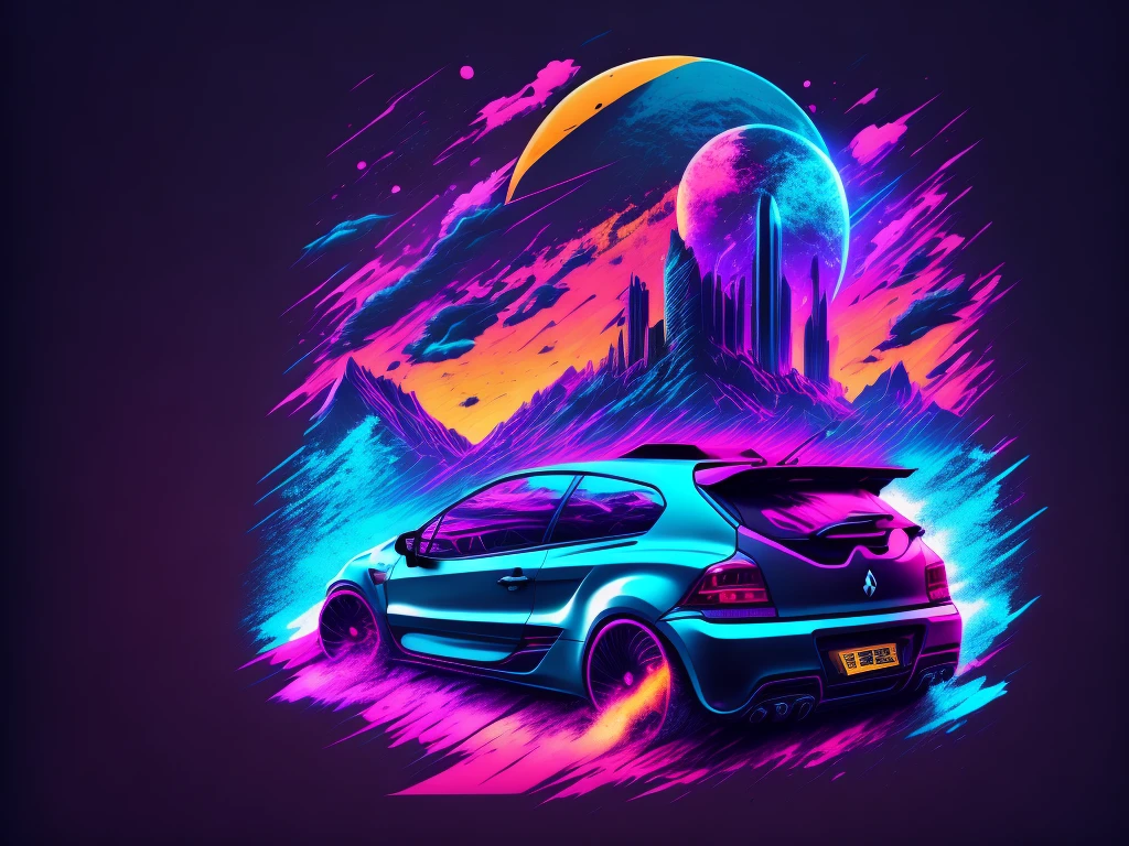 "renault clio car, cyberpunk atmosphere, Stylized t-shirt design, In the middle of the trip, vibrant vector art, hidro74"