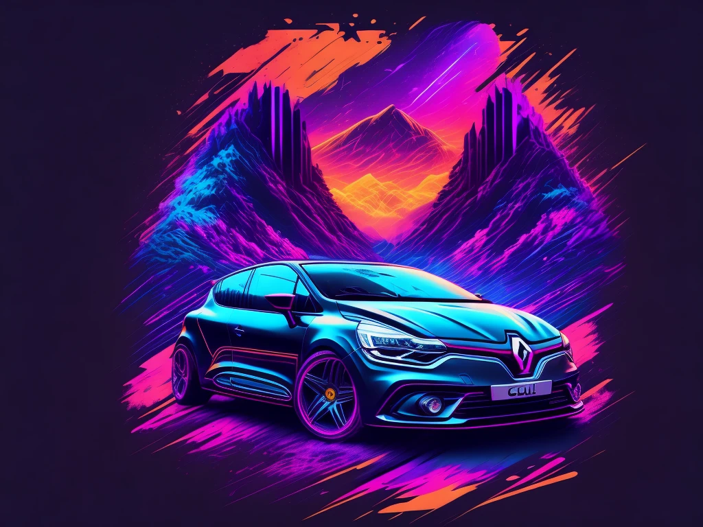 "renault clio car, cyberpunk atmosphere, Stylized t-shirt design, In the middle of the trip, vibrant vector art, hidro74"