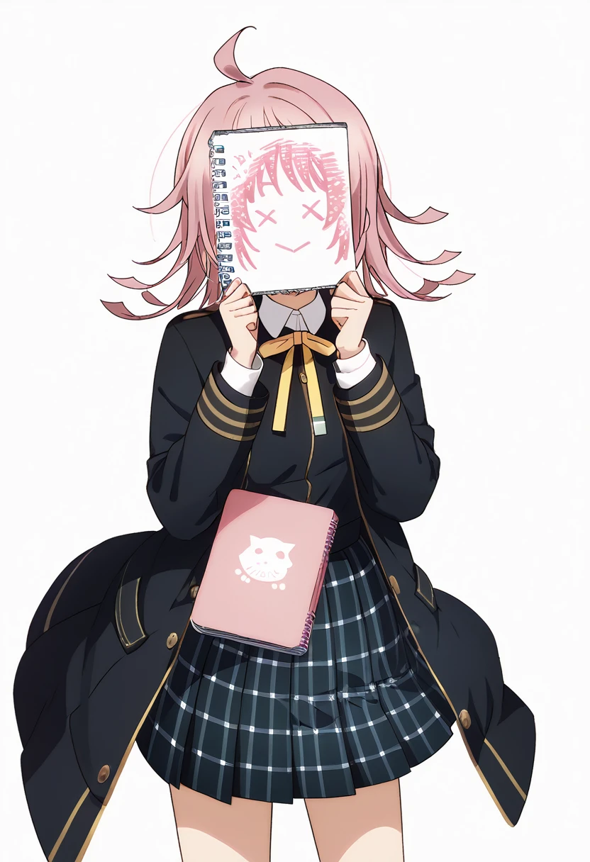 masterpiece, best quality, very aesthetic, absurdres,
cinematic lighting:0.1, cinematic postprocessing,
1girl, tennouji rina, love live!,  ahoge, pink hair, mask, face notebook,(pink notebook), coverring face, hands up,
, nijigasaki academy ,
(winter uniform, collarless uniform, black uniform),
(ribbon, neck ribbon, yellow ribbon),
(skirt, pleated skirt, plaid skirt,),
solo, smile, standing,
from front, cowboy shot, feet_out_of_frame,
simple background, (white background:1.8),