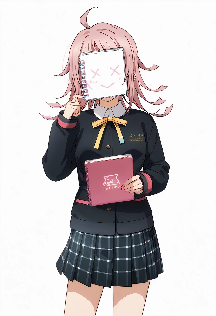 masterpiece, best quality, very aesthetic, absurdres,
cinematic lighting:0.1, cinematic postprocessing,
1girl, tennouji rina, love live!, ahoge, pink hair, mask, face notebook,(pink notebook), coverring face, hands up,
, nijigasaki academy ,
(winter uniform, collarless uniform, black uniform),
(ribbon, neck ribbon, yellow ribbon),
(skirt, pleated skirt, plaid skirt,),
solo, smile, standing,
from front, cowboy shot, feet_out_of_frame,
simple background, (white background:1.8),