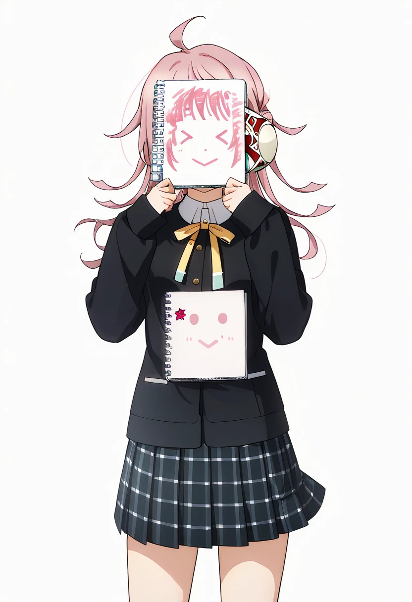 masterpiece, best quality, very aesthetic, absurdres,
cinematic lighting:0.1, cinematic postprocessing,
1girl, tennouji rina, love live!, ahoge, pink hair, mask, face notebook,(pink notebook), coverring face, hands up,
, nijigasaki academy ,
(winter uniform, collarless uniform, black uniform),
(ribbon, neck ribbon, yellow ribbon),
(skirt, pleated skirt, plaid skirt,),
solo, smile, standing,
from front, cowboy shot, feet_out_of_frame,
simple background, (white background:1.8),