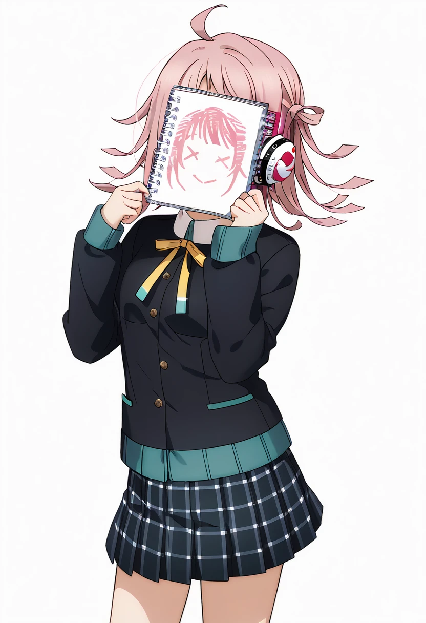 masterpiece, best quality, very aesthetic, absurdres,
cinematic lighting:0.1, cinematic postprocessing,
1girl, tennouji rina, love live!, ahoge, pink hair, mask, face notebook,(pink notebook), coverring face, hands up,
, nijigasaki academy ,
(winter uniform, collarless uniform, black uniform),
(ribbon, neck ribbon, yellow ribbon),
(skirt, pleated skirt, plaid skirt,),
solo, smile, standing,
from front, cowboy shot, feet_out_of_frame,
simple background, (white background:1.8),