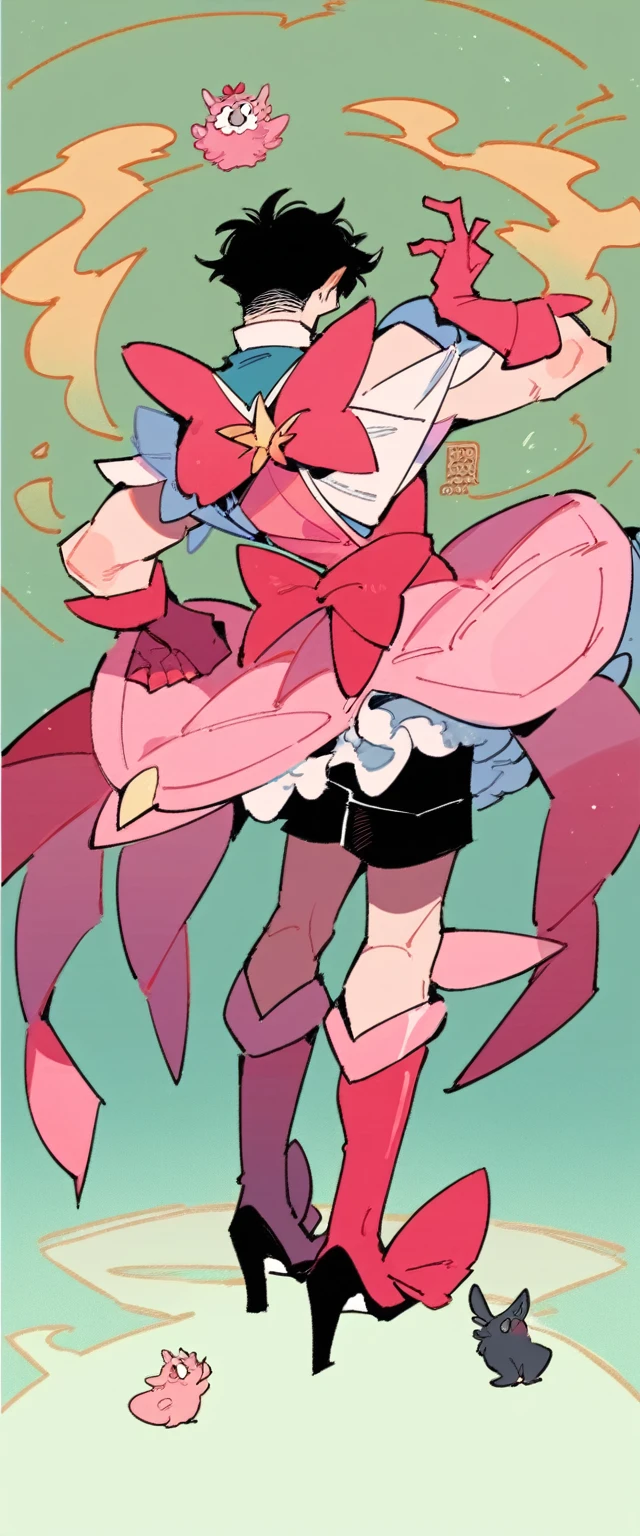 Black shorts hair，guy ，Standing posture，Pink girl skirt，European Clothing，Magical Girl Costume，High heel，