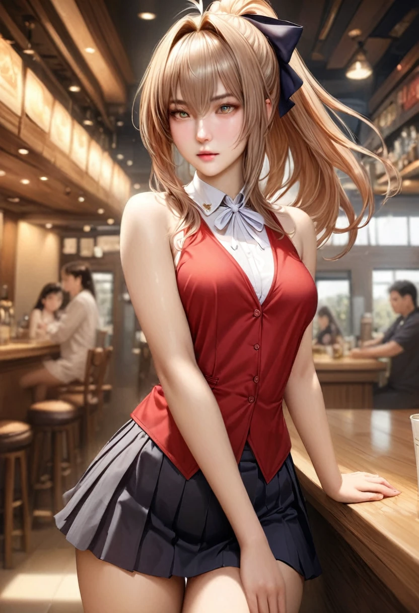 animetoreal,soft light, masterpiece, best quality,high quality,delicate face, realistic,photorealistic,1girl,,sento isuzu, amagi brilliant park, yellow eyes, antenna hair, long brown hair, ponytail, hair intakes, medium breasts, hair bow, bare shoulders, red vest, sleeveless, white neck ribbon, black pleated skirt, frilled miniskirt, slim thighs,in a restaurant,blur background,background defocus