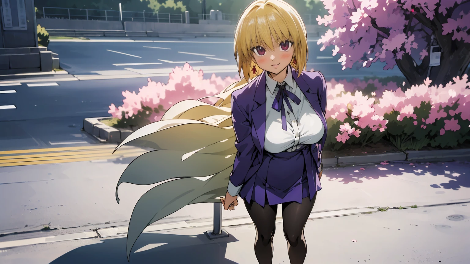 caucasian female, high school teacher, beautiful clavicle, beautiful thigh, beautiful legs, ((purple jacket, close jacket, purple tight skirt, white collared shirt), black pantyhose), purple neck ribbon, high heels, black bag, (beautiful scenery), morning, riverside, cherry blossom, standing, hands on hair, daylight, riverside, (High Resolution), (Very Detailed), (Best Photo), (Best Quality), (Ultra Detailed), (masterpiece:1.5), very precise details,(Ultra High Resolution:1.4), the Extremely Detailed CG Unity 8K Wallpapers, highest quality, hight resolution, (Realistic, Photorealsitic, hyper realisitic:1.5), the light shines on your face, profetional lighting, anime styled, beautiful hair, detailed hair,(Detailed Face), (Beautiful Detailed Eyes), Beautiful breasts, beautiful detailed shadow, Beautiful body, Beautiful skin, beautifull hands, precise details hands, beautiful fingers, very precise detailed fingers, (Ultra-detailed face, Detailed eyes:1.4), beautiful eyebrows, cool eyebrows, (Aesthetic Anime Eyes:1.4), (Light from the front :1.4), (1girl in:1.4),(Solo:1.4), (Mature face and body), (Beautiful cute face), (beautiful female lips), Charming, looks at the camera with a gentle smile, standing, hands on hair, (lovely smile, upper eyes, open mouth), earrings glossy lips, (juicy female lips), perfect female body, Beautiful waist, beautiful long eyelashes , Shiny skin, tilt her head, 30year old, mature female, Kurapika, 1girl, ((scarlet eyes)), blonde hair, ((bob hair)), flowing hair, fluttering hair, long legs, very huge breasts, long breasts, saggy breasts, hips wider than shoulders, wide hips, pelvic curtain, beautiful thighs, thick thighs, garnet earrings, white shirt (pantyhose:1.3), brown pantyhose, black high heels, pumps, full body