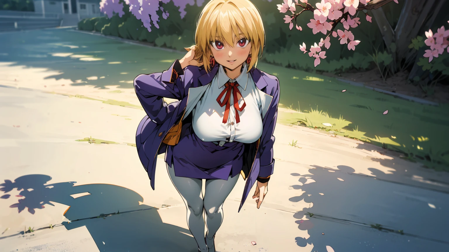 caucasian female, high school teacher,  beautiful clavicle,  beautiful thigh, beautiful legs, ((purple jacket, close jacket, purple tight skirt, white collared shirt), black pantyhose), purple neck ribbon, high heels, black bag, (beautiful scenery), morning, riverside, cherry blossom, standing, hands on hair, daylight, riverside, (High Resolution), (Very Detailed), (Best Photo), (Best Quality), (Ultra Detailed), (​masterpiece:1.5), very precise details,(Ultra High Resolution:1.4), the Extremely Detailed CG Unity 8K Wallpapers, highest quality, hight resolution, (Realistic, Photorealsitic, hyper realisitic:1.5), the light shines on your face,  profetional lighting, anime styled, beautiful hair, detailed hair,(Detailed Face), (Beautiful Detailed Eyes), Beautiful breasts, beautiful detailed shadow,  Beautiful body, Beautiful skin, beautifull hands, precise details hands, beautiful fingers, very precise detailed fingers, (Ultra-detailed face, Detailed eyes:1.4), beautiful eyebrows, cool eyebrows, (Aesthetic Anime Eyes:1.4), (Light from the front :1.4), (1girl in:1.4),(Solo:1.4), (Mature face and body),  (Beautiful cute face), (beautiful female lips), Charming, looks at the camera with a gentle smile, standing, hands on hair, (lovely smile, upper eyes, open mouth), earrings glossy lips, (juicy female lips), perfect female body, Beautiful waist, beautiful long eyelashes , Shiny skin, tilt her head, 30year old, mature female, Kurapika, 1girl, ((scarlet eyes)), blonde hair, ((bob hair)), flowing hair, fluttering hair,  long legs, very huge breasts, long breasts, saggy breasts, hips wider than shoulders, wide hips, pelvic curtain, beautiful thighs, thick thighs, garnet earrings,  white shirt (pantyhose:1.3), brown pantyhose, black high heels, pumps, full body