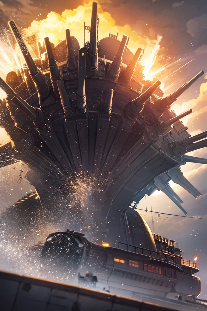 a massive battleship shooting its cannons