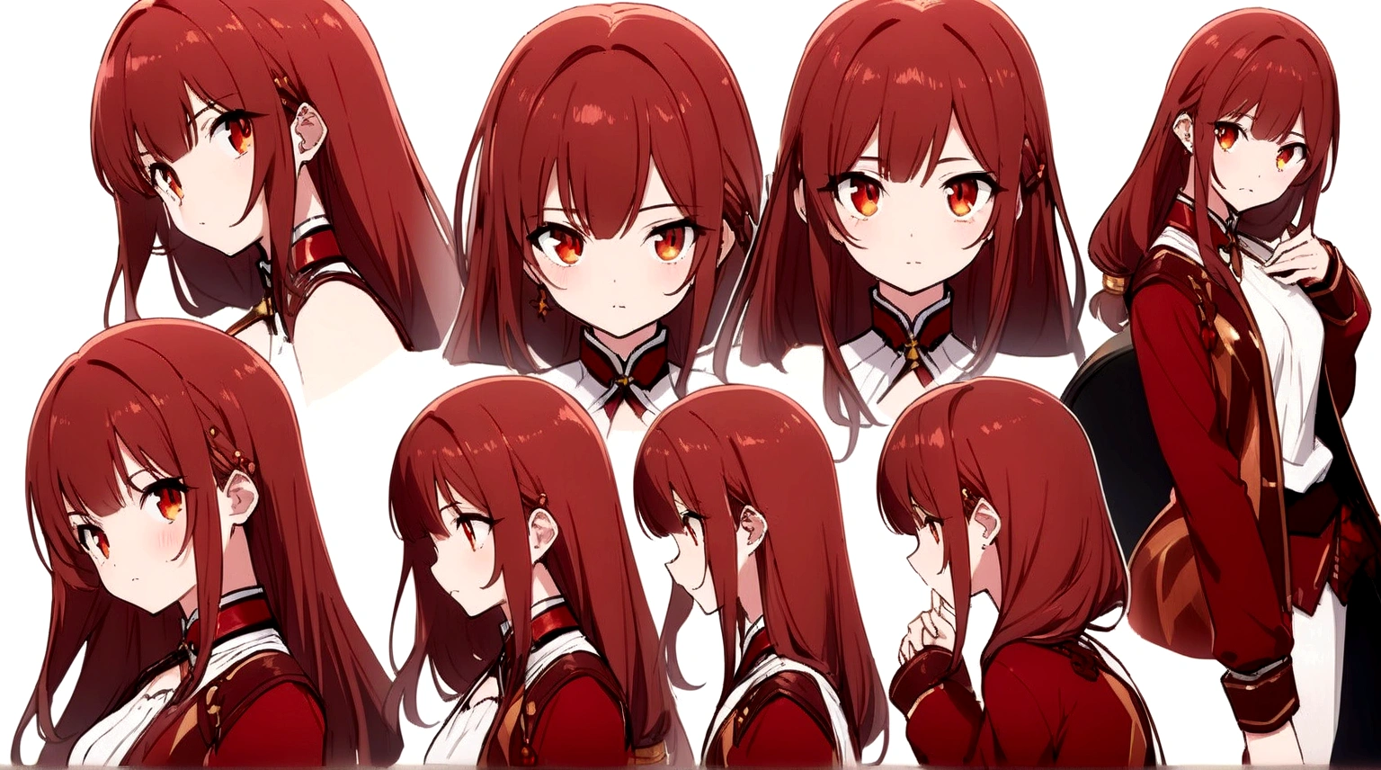 ((masterpiece)),(((best quality))),(character design sheet, same character, front, side, back), illustration, 1 girl, big , hair color red, bangs, long hair, eyes red and gold, environment change scene, Hairstyle Fax, Pose Zitai, Female, Shirt Shangyi, Star, Charturnbetalora, (simple background, white background: 1.3), 4k