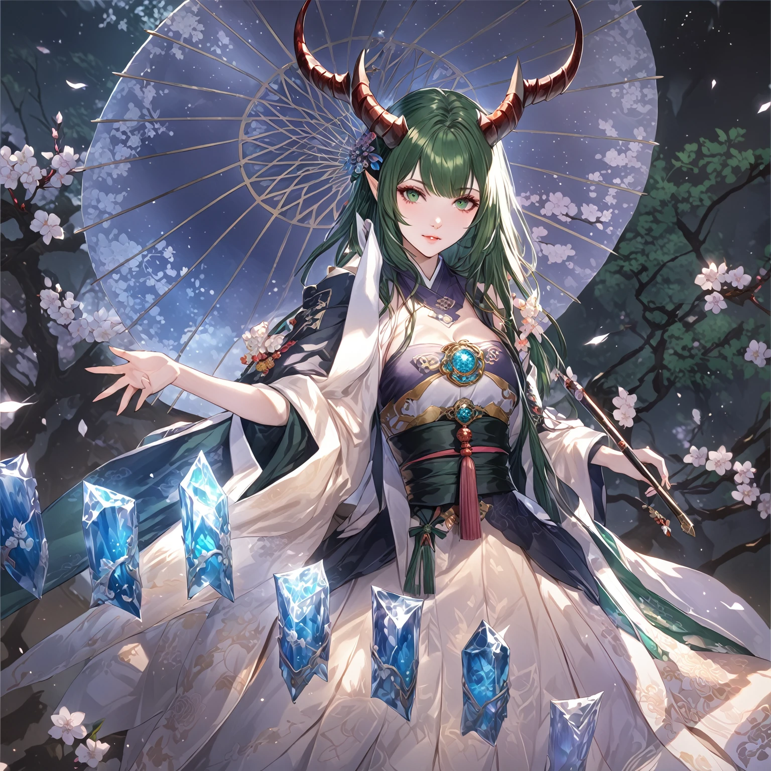 masterpiece, best quality, Fantasy aesthetics, Highly detailed, shadowverse style, female, japanese style, dark green hair, dragon horn