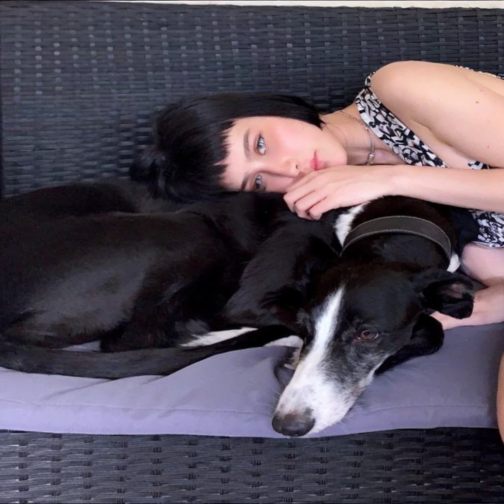 Pale age girl with silky black hair and bangs above her eyebrows, with small pink lips and a potato nose and light green eyes, taking a photo lying next to your black dog looking at the camera and good quality
