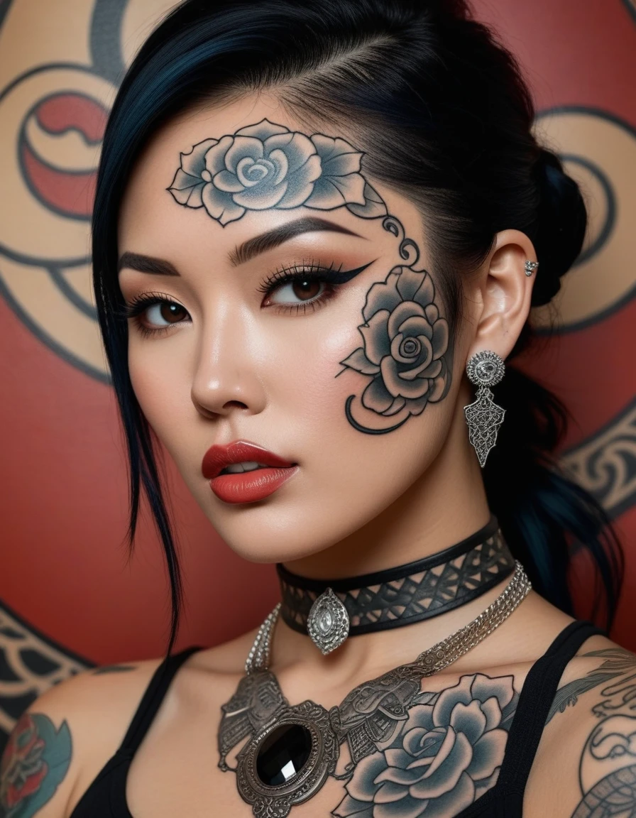 (masterpiece:1.7, best quality, high resolution image), Cinematic lighting, close-up of a tattoo depicting a woman's face. The focus is on her eyes, creating direct eye contact. The tattoo features insane clothing details, with intricate artwork resembling the style of Audrey Kawasaki. The background showcases oriental cloud tattoo art, providing an aesthetic backdrop. The tattoo is rendered in ink style, emphasizing the intricate face details and open lips. The artwork includes elements such as clothing showing skin, a necklace, and a pistol on the hip, all contributing to a stunning visual masterpiece. Professional composition ensures the best quality image output.
