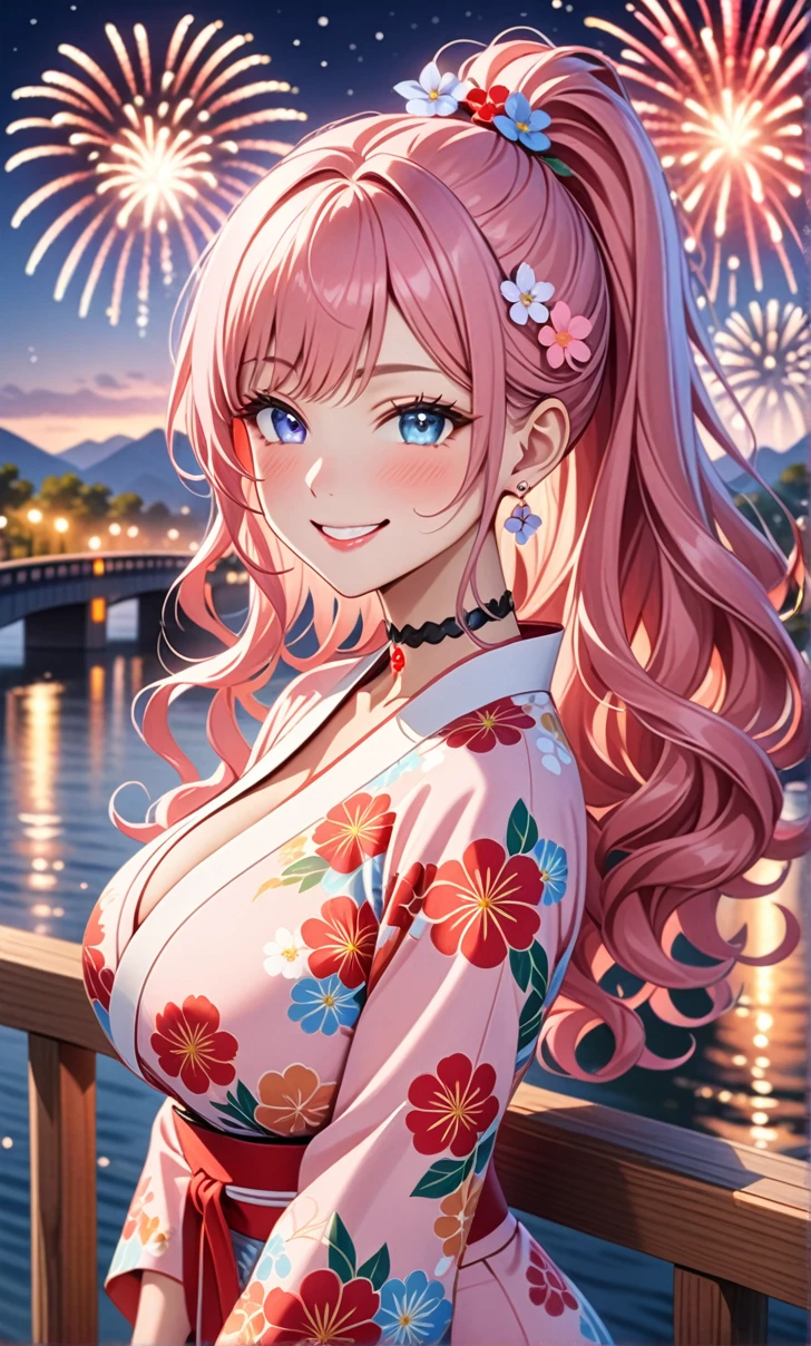 ultra-detailed, ((one girl)), in pastel colors girl, hyper detailed, absurdres, 8K, Beautiful Face, (Laugh shyly), ((teasing smile:1.8)), ((Wink:1.8)), (Laugh with your mouth wide open),(Tilt your head:1.3),(Put your hand over your mouth:1.8), View your viewers, ((Bright red cheeks:1.6)),Glossy Red Lips, ((Big Breasts:1.5)), (valley),night, You can see the sea horizon,On Bridge, firework, (Brighten your face), ((Anime style background)),masterpiece, Highest quality, so beautiful,Latest, Complex details, (Pink long nails), (nail art), (ring),(bracelet), (Floral Choker),AI-generated, Complex,High resolution, Highest quality, super high quality,3D Images、3D Images,One person,Pastel pink long hair,(High Ponytail), (wavy hair:1.3), Pastel anime woman posing for a photo, ((Fine grain、blue eyes、glowing eyes:1.4)), (Squint your eyes:1.1),a hyperRealistic , hyperRealistic , Realistic,Anime woman with long pastel pink hair, Smooth anime CG art, A girl in a gorgeous pastel-colored kimono, ((Pastel-colored furisode)),(Pink large floral pattern) ,Long flower hair ornament,Floral Earrings,Mature Body, tall,Abdominal muscles,Narrow waist, ((arched back:1.9)), (front view),
