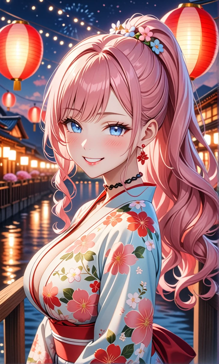 ultra-detailed, ((one girl)), in pastel colors girl, hyper detailed, absurdres, 8K, Beautiful Face, (Laugh shyly), ((teasing smile:1.8)), ((Wink:1.8)), (Laugh with your mouth wide open),(Tilt your head:1.3), View your viewers, ((Bright red cheeks:1.6)),Glossy Red Lips, ((Big Breasts:1.5)), (valley),night, Riverside,On Bridge, firework, (Brighten your face), ((Anime style background)),masterpiece, Highest quality, so beautiful,Latest, Complex details, (Pink long nails), (nail art), (ring),(bracelet), (Floral Choker),AI-generated, Complex,High resolution, Highest quality, super high quality,3D Images、3D Images,One person,Pastel pink long hair,(High Ponytail), (wavy hair:1.3), Pastel anime woman posing for a photo, ((Fine grain、blue eyes、glowing eyes:1.4)), (Squint your eyes:1.1),a hyperRealistic , hyperRealistic , Realistic,Anime woman with long pastel pink hair, Smooth anime CG art, A girl in a gorgeous pastel-colored kimono, ((Pastel-colored furisode)),(Pink large floral pattern) ,Long flower hair ornament,Floral Earrings,Mature Body, tall,Abdominal muscles,Tight waist,((arched back:1.9)), (front view),