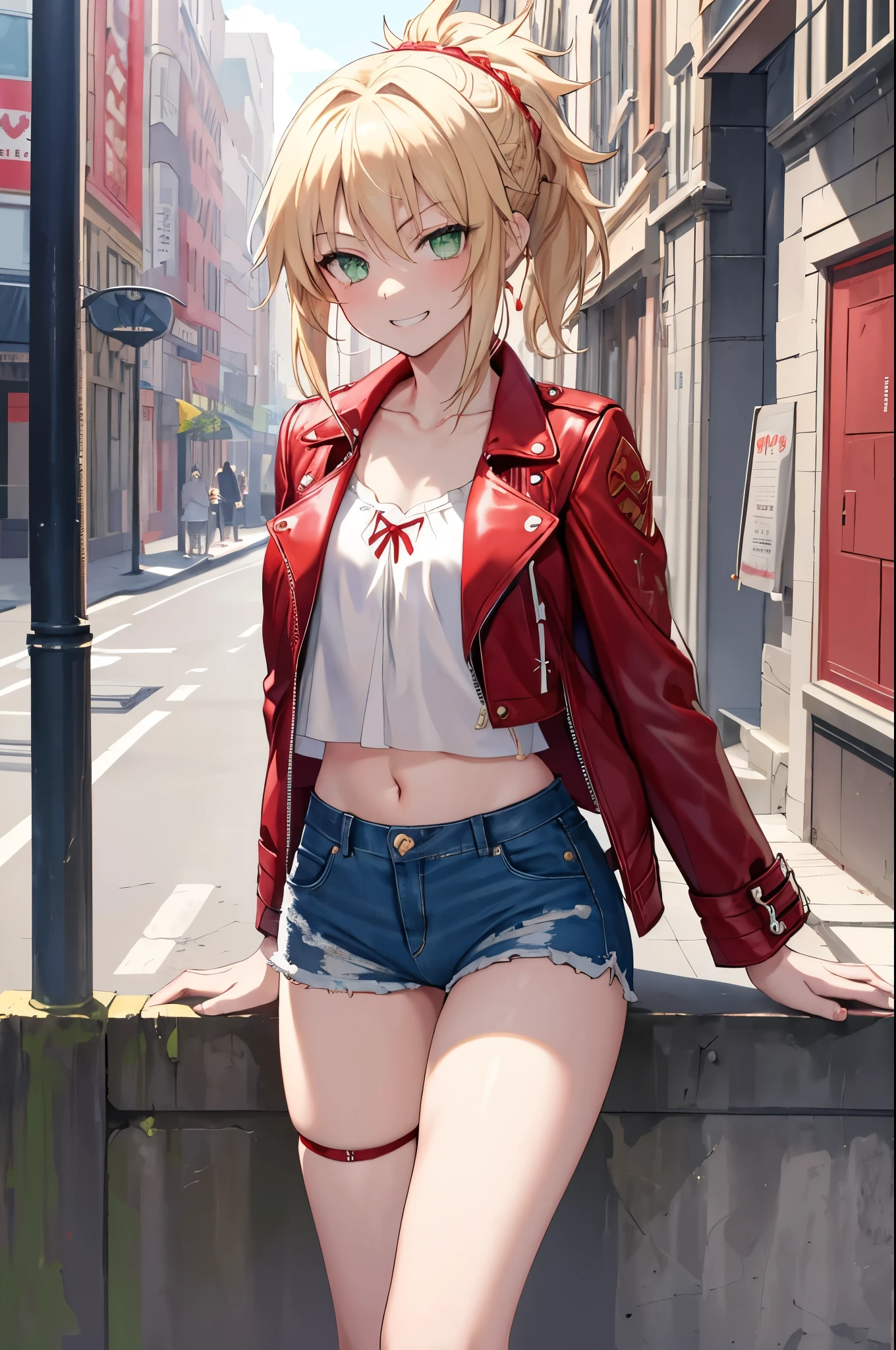 Masterpiece, Best Quality, illustration, city street, 1girl, Mordred \(fate\), cowboy shot, collarbone, Detailed blond hair ponytail braid, green eyes, Red leather jacket, White short blouse, denim shorts,navel,thigh-high,grin, covered_pussy,skiny,long_sword,