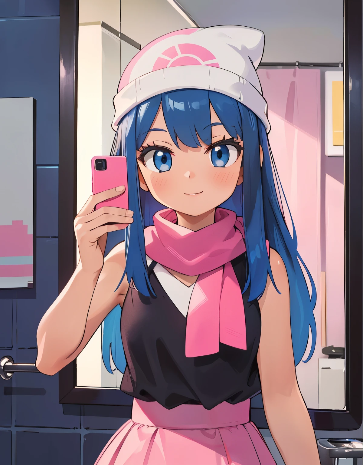 (best quality,4k,8k,highres,masterpiece:1.2),ultra-detailed,(realistic,photorealistic,photo-realistic:1.37)highres,portrait,beautiful girl,taking a selfie in a public bathroom mirror, full body,glossy reflection,\(pokemon\), beanie, long hair, blue hair, blue eyes, detailed eyes, beautiful eyes, black sleeveless shirt, pink scarf, pink skirt, pink boots, body shape, down blouse,[metallic mirror],vibrant colors,soft lighting,hint of mystery,subtle smile,stylish outfit,impressive attention to facial details,expressive eyes,luscious lips,long eyelashes,shiny hair flowing down,urban backdrop,modern ambiance