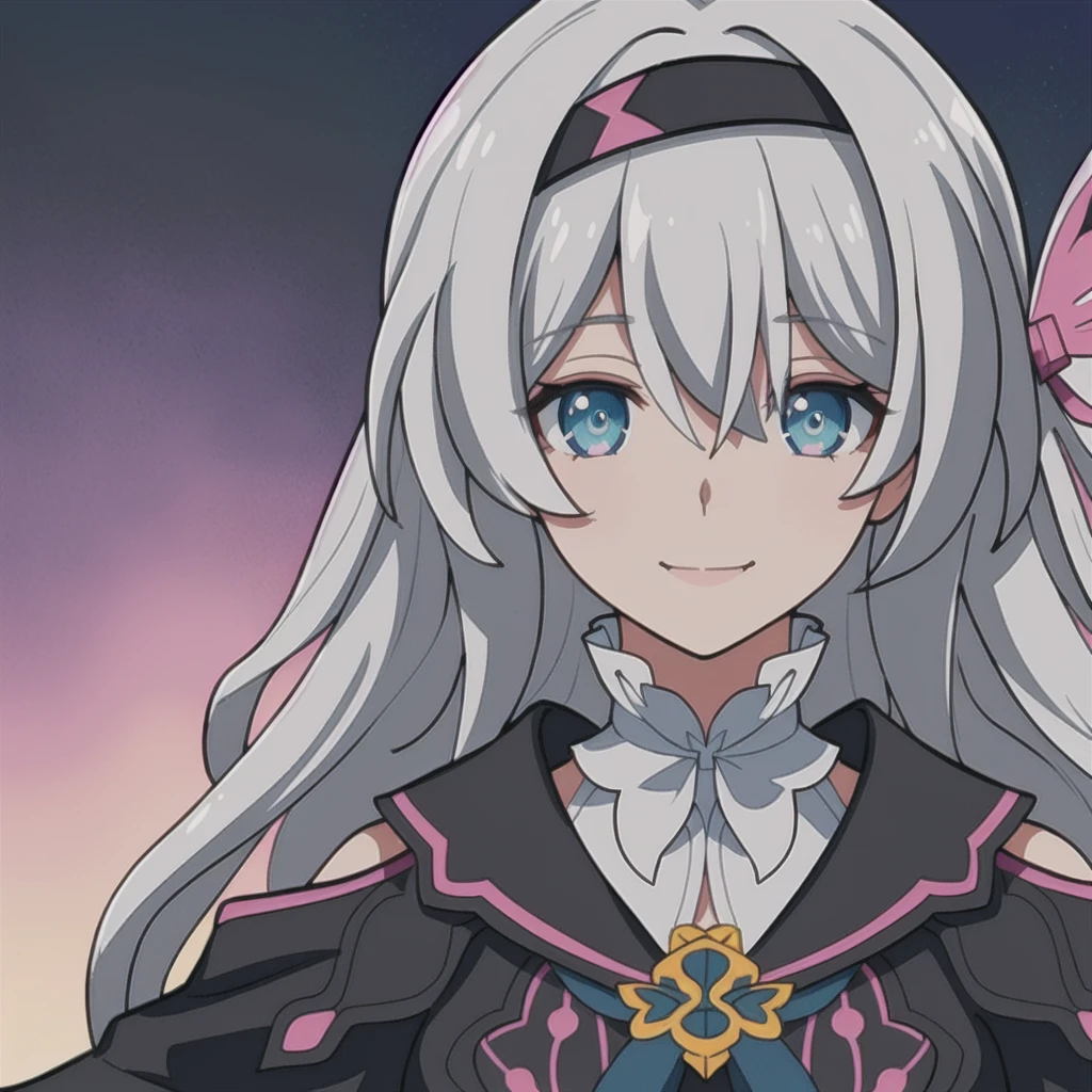 anime girl, happy expression, smile, detailed expression, light grey hair, firefly, dark brown clothes, 1girl, masterpiece, (beautiful and aesthetic:1. 5), thick black lineart, pink and blue eyes, clean lineart, perfect lineart, variable lineart, clean anime outlines, intense line art, bold lineart, sharp lineart, best quality, high quality, best quality, ultra-detailed, colourful, saturated colours, dynamic lighting, HD,