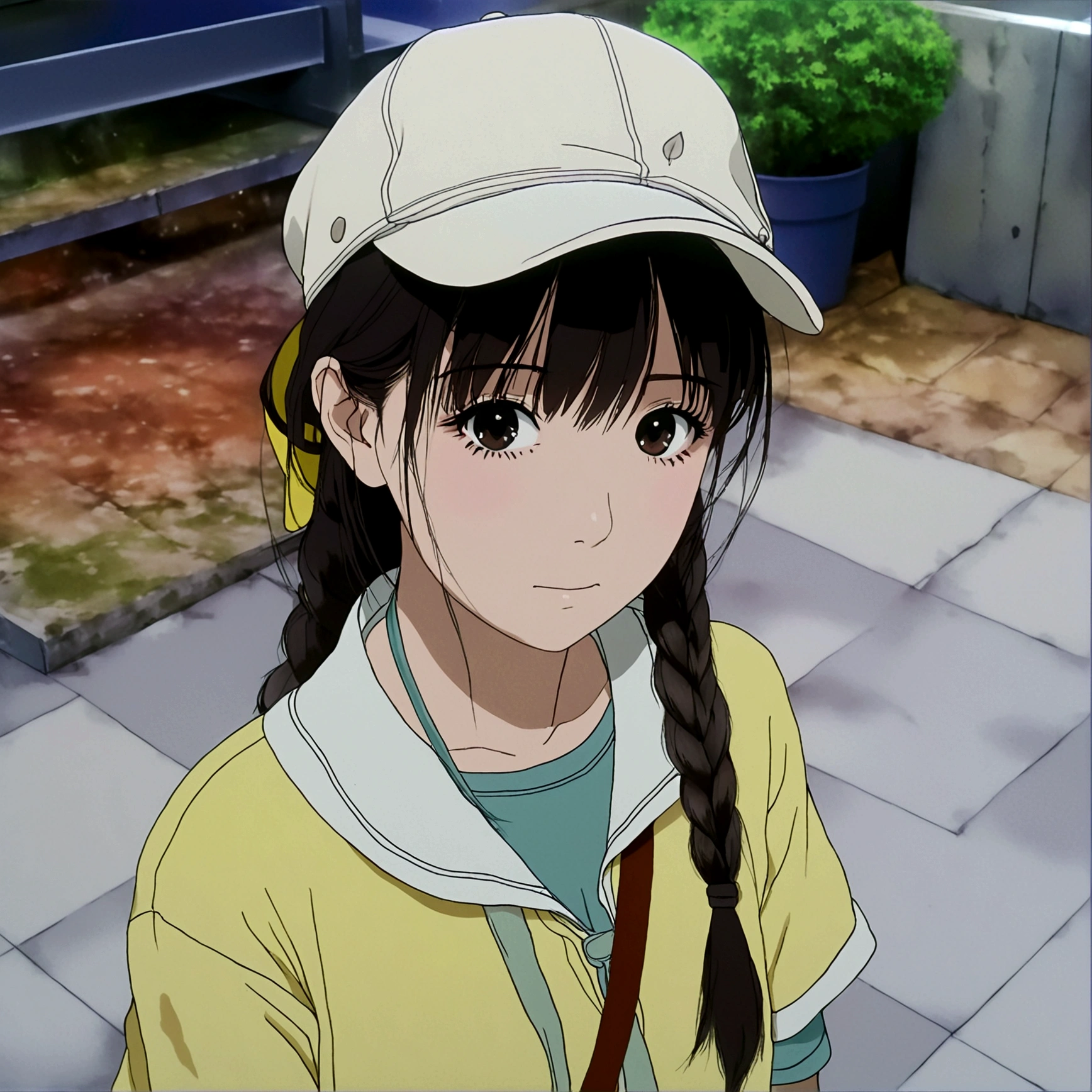 1girl, solo, long hair, bangs, shirt, black hair, hat, upper body, braid, short sleeves, blunt bangs, black eyes, letterboxed, anime coloring