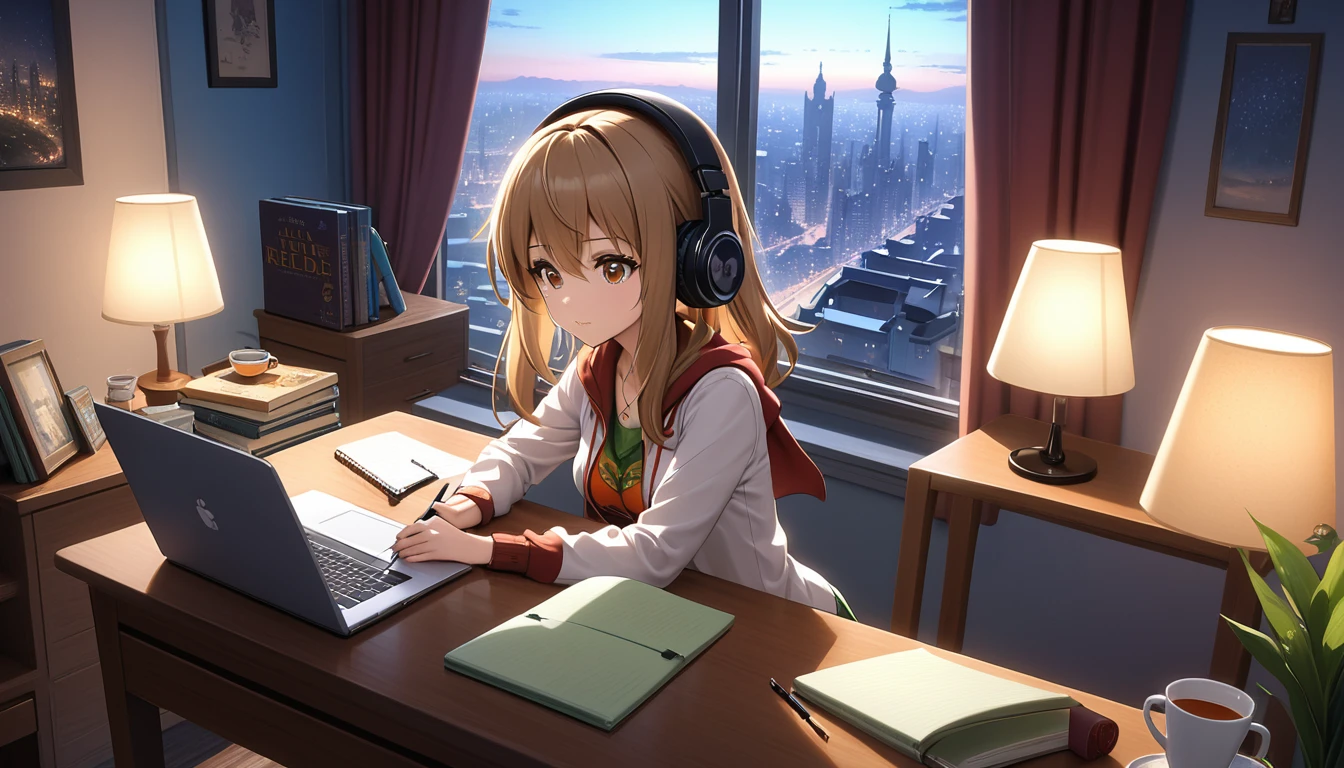 Kizi, 20 year, short light brown hair, eyes browns, estilo rebelde, Wearing Headphones, writing in notebook on your study table, next to a large window, with a view of the illuminated city `the night. in the bedroom, lighting from a table lamp, with 2 books, an open laptop and a cup of tea.