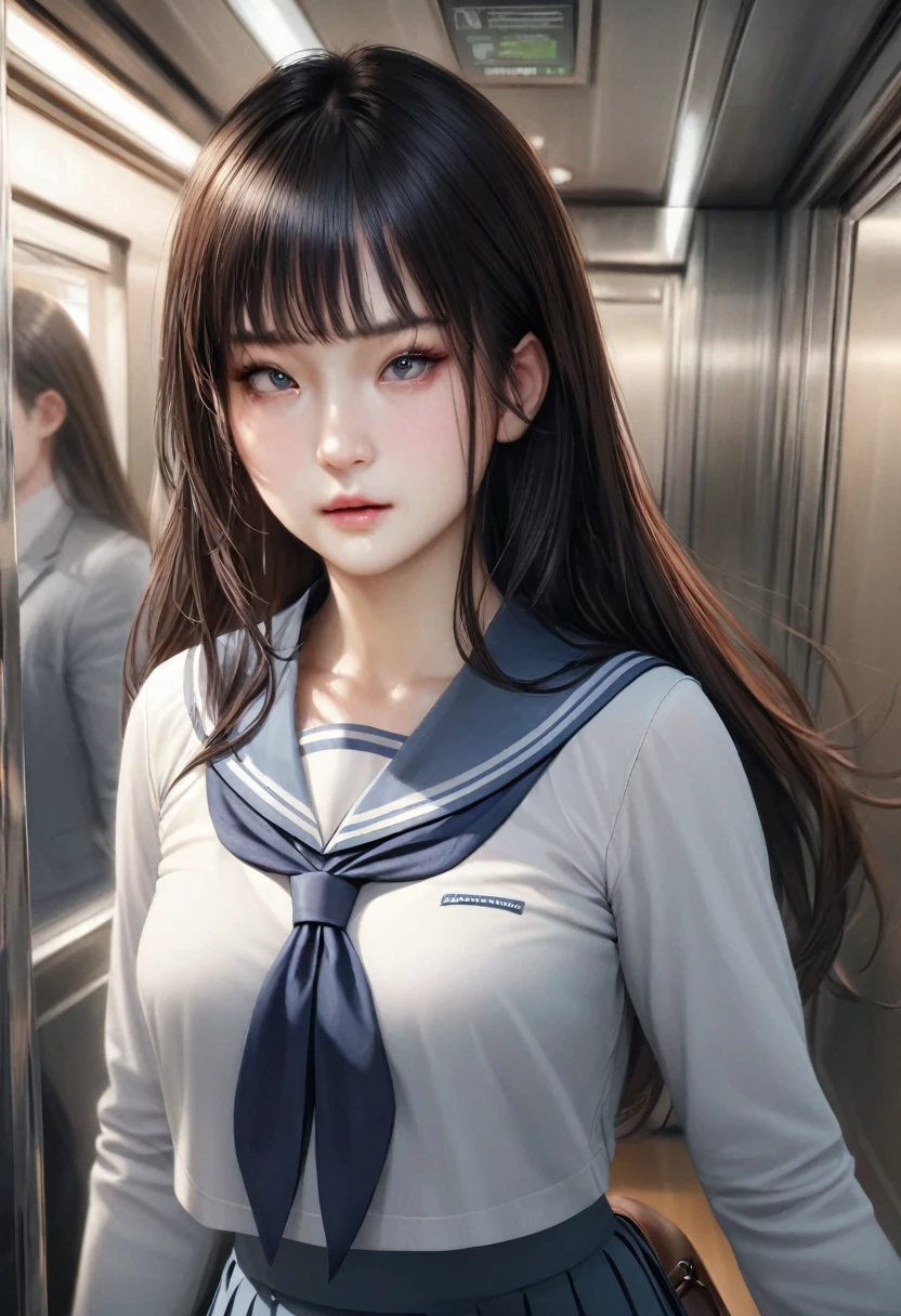 animetoreal,soft light, masterpiece, best quality,high quality,delicate face, realistic,photorealistic,1girl,,akebi_komichi, akebi-chan_no_serafuku, 1girl, black_hair, long_hair, hair_behind_ear,blue_sailor_collar, blue_skirt, pleated_skirt, blue_socks, long_sleeves, brown_footwear, loafers,in a lift, in a elevator,floating_hair