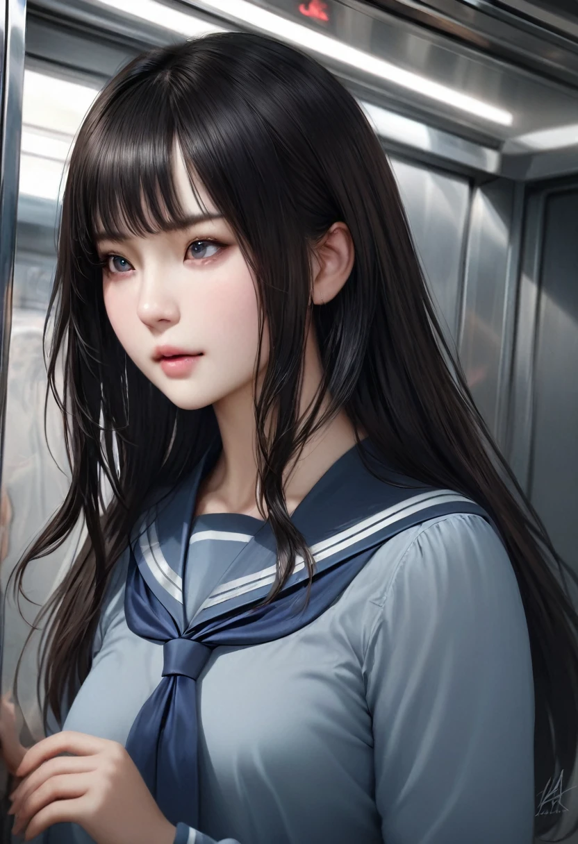 animetoreal,soft light, masterpiece, best quality,high quality,delicate face, realistic,photorealistic,1girl,,akebi_komichi, akebi-chan_no_serafuku, 1girl, black_hair, long_hair, hair_behind_ear,blue_sailor_collar, blue_skirt, pleated_skirt, blue_socks, long_sleeves, brown_footwear, loafers,in a lift, in a elevator,floating_hair
