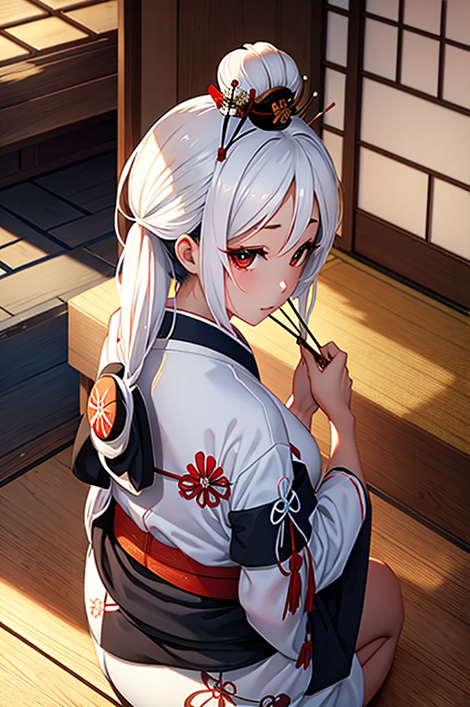 Geisha with white, tied hair sitting inside a traditional Japanese house
