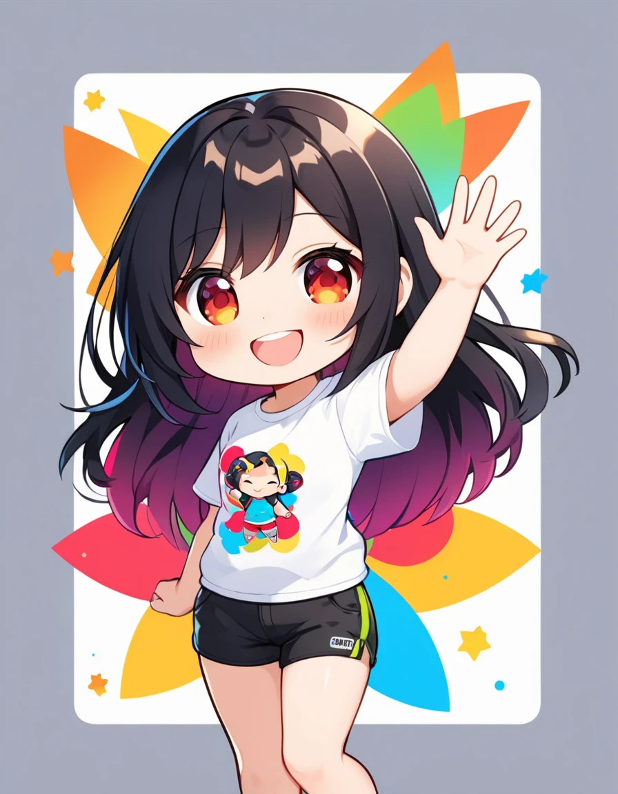 1girl, chibi, cartoon, long black hair, white t-shirt, black shorts, waving, smiling face, vibrant colors, white backgrounds.