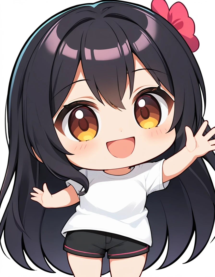 1girl, chibi, cartoon, long black hair, white t-shirt, black shorts, waving, smiling face, vibrant colors, white backgrounds.